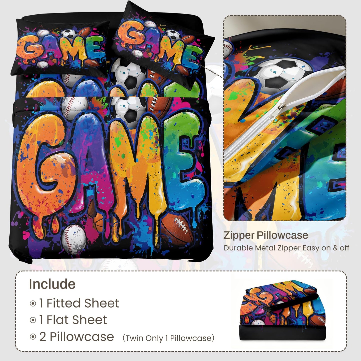 Ball Sports King Sheet Set 4 Pcs Graffiti Game Bed Sheets, Black Blue