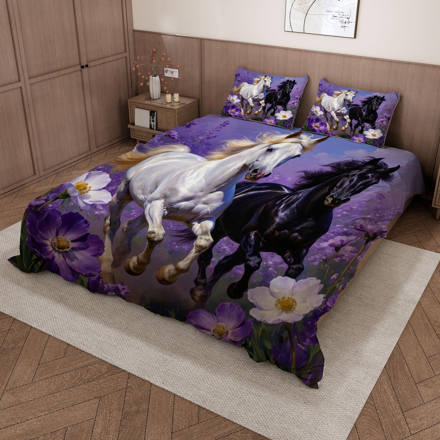 3D Horse Duvet Cover King Size 104x90in Soft Breathable Microfiber Flower Bedding Set Zipper Closure Reversible Comforter Cover 3 Pieces with 2 Pillow Shams (WJT 23-6)