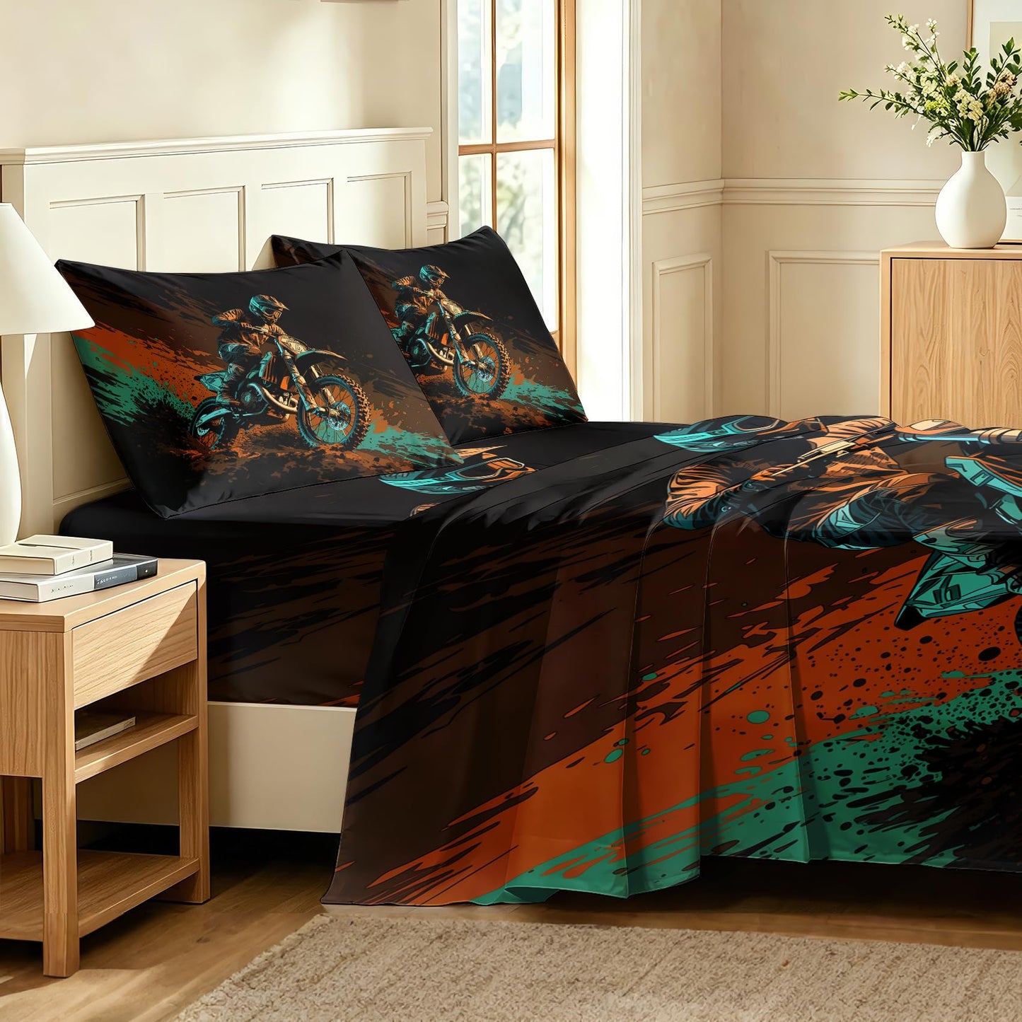 Dirt Bike Queen Sheet Set 4 Pcs Motocross Bed Sheets, Orange