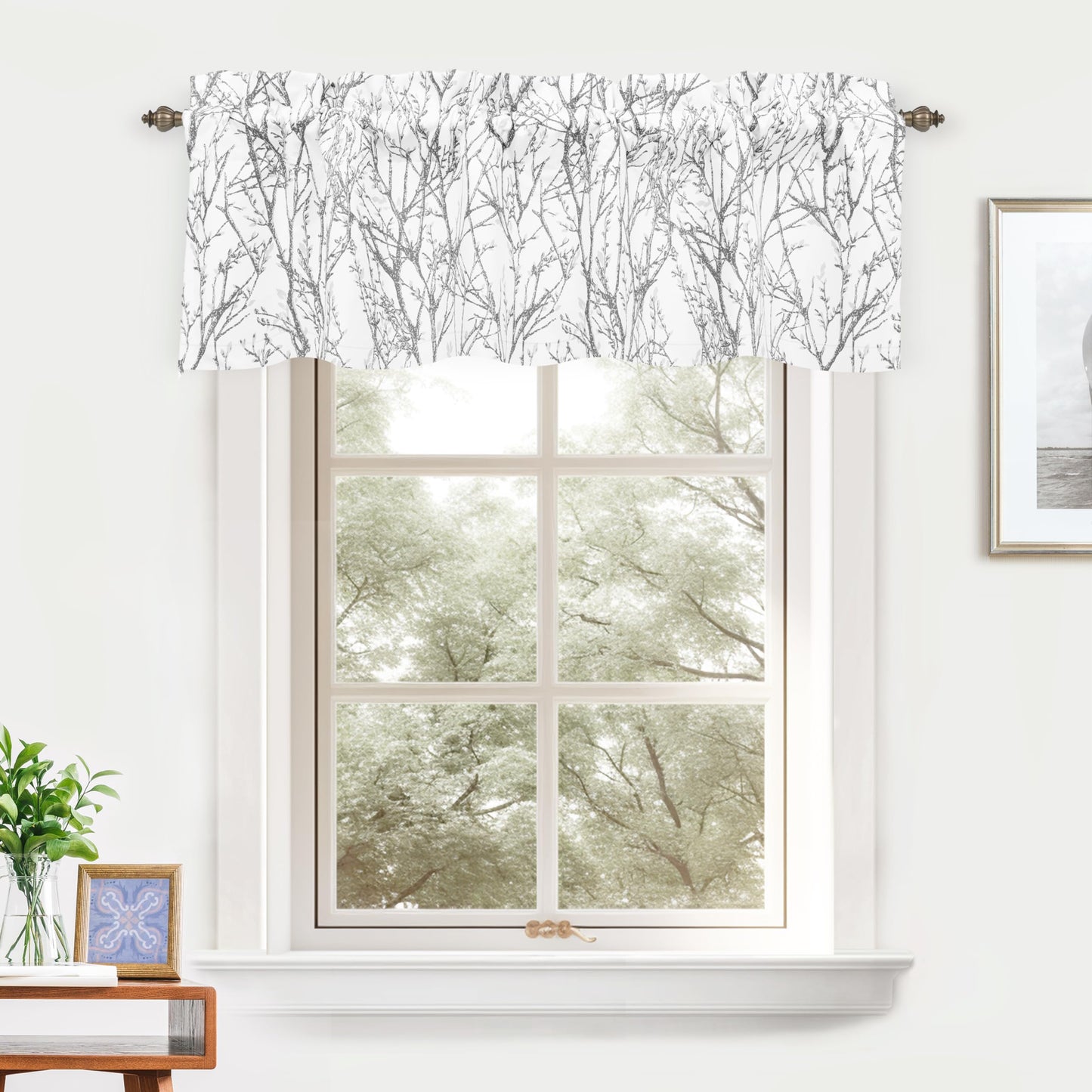 DriftAway Tree Branch Lined Valance Double Layer Blackout Thermal Insulated Abstract Ink Printing Window Curtain Valance Rod Pocket 52 Inch by 14 Inch Plus 2 Inch Header Silver Gray 1 Pack
