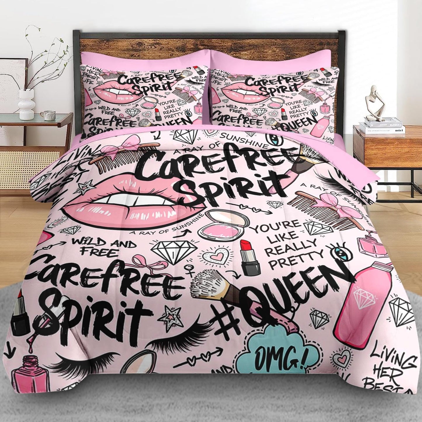 Pamnest Comforter Set King Size, Makeup Pink Queen 7 Pcs Bedding for Kids and Adults, Women Diamond Cute Bed Sheet Sets with Fitted Sheet 2 Pillowcases & 2 Shams for Bedroom Bed Decor