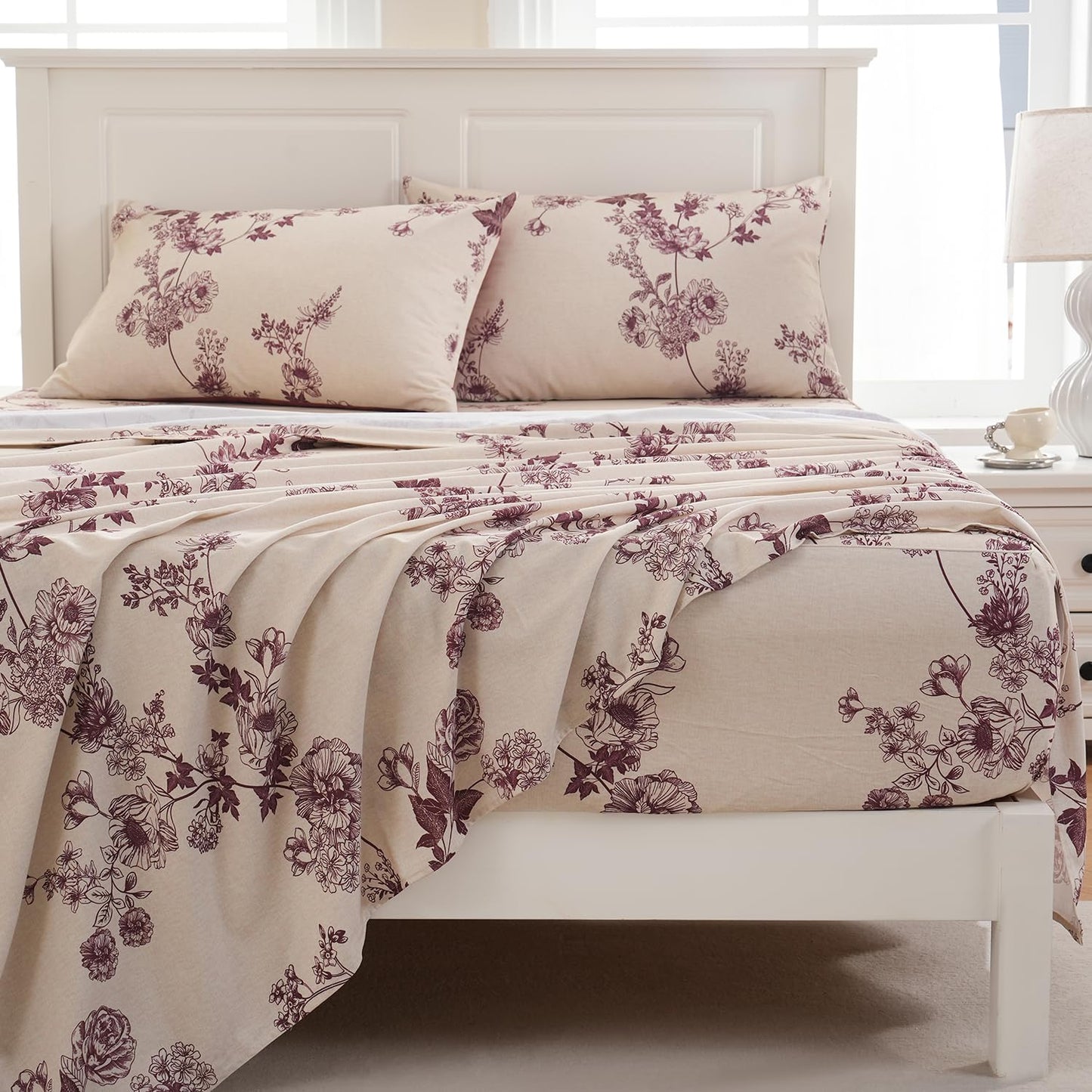 Zusbest Queen Sheet Set 100% Percale Cotton Red Floral Bed Sheet Set, Brushed for Extra Softness, Luxury Toile Flannel Like Sheets Shabby Vintage Flower Print Deep Pocket Sheets 17.5'' 4 Pcs