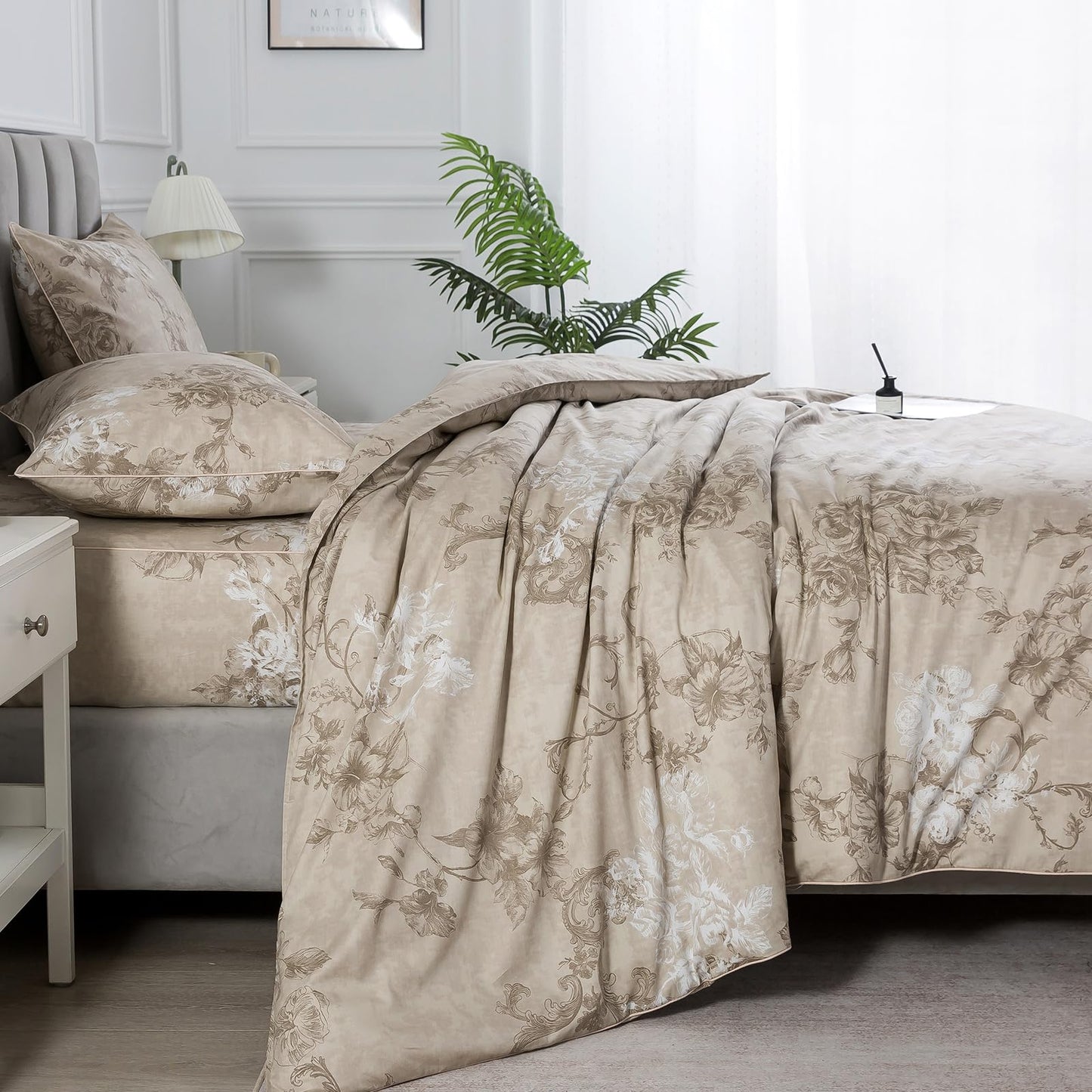 Puralens Dark Beige Moody Floral Duvet Cover, King 100% Cotton Percale Neutral Flower Comforter Cover Set, Shabby Chic Cottage Reversible Toile Bed Cover Set with Ties, Farmhouse Zipper Bedding, 3Pcs