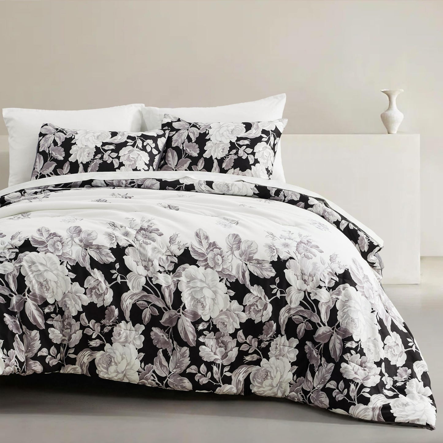 Wonderful Black and White Floral Comforter Set Queen - 3 Pieces Botanical Floral Printed Bedding with Pillow Sham, Morden Farmhouse Flowers Bedding Sets for All Season