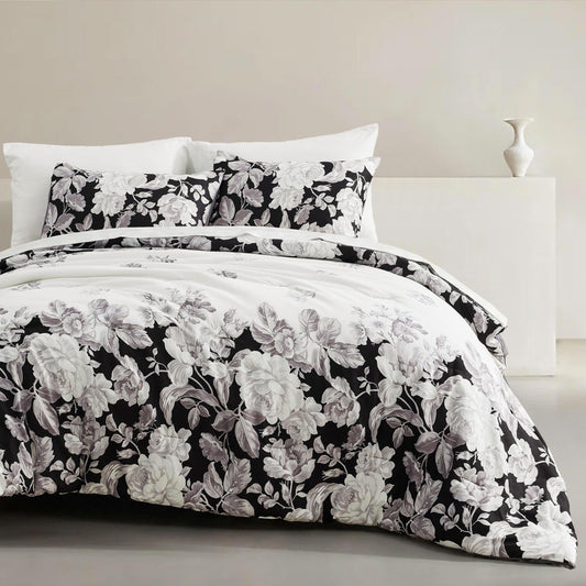 Wonderful Black and White Floral Comforter Set Queen - 3 Pieces Botanical Floral Printed Bedding with Pillow Sham, Morden Farmhouse Flowers Bedding Sets for All Season