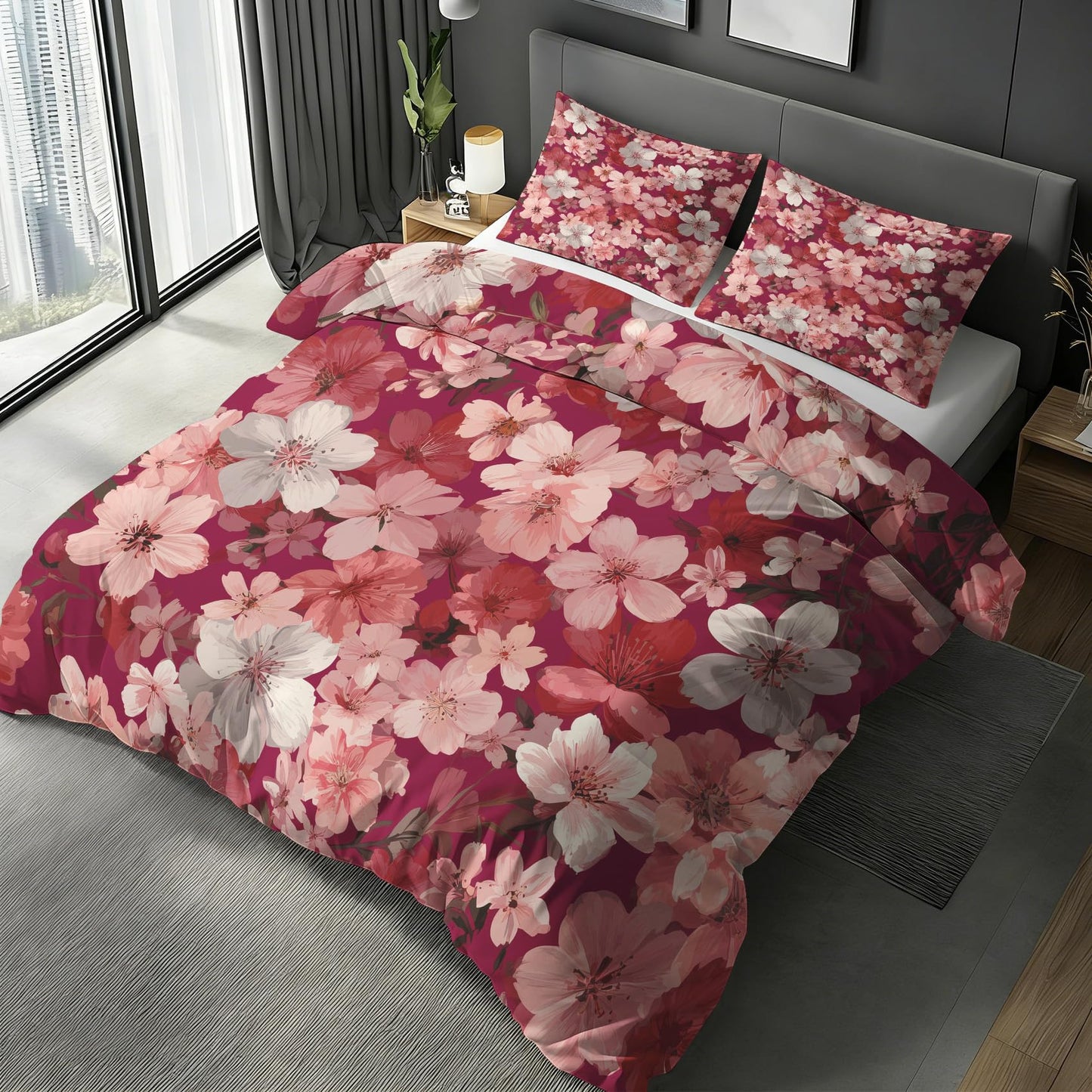 Cherry Blossom Duvet Cover Queen, Burgundy Pink Flower Bedding Set 3 Piece & 2 Pillowcases, Pink Floral Bedroom Decor, Reversible Soft Microfiber, Zipper Ties
