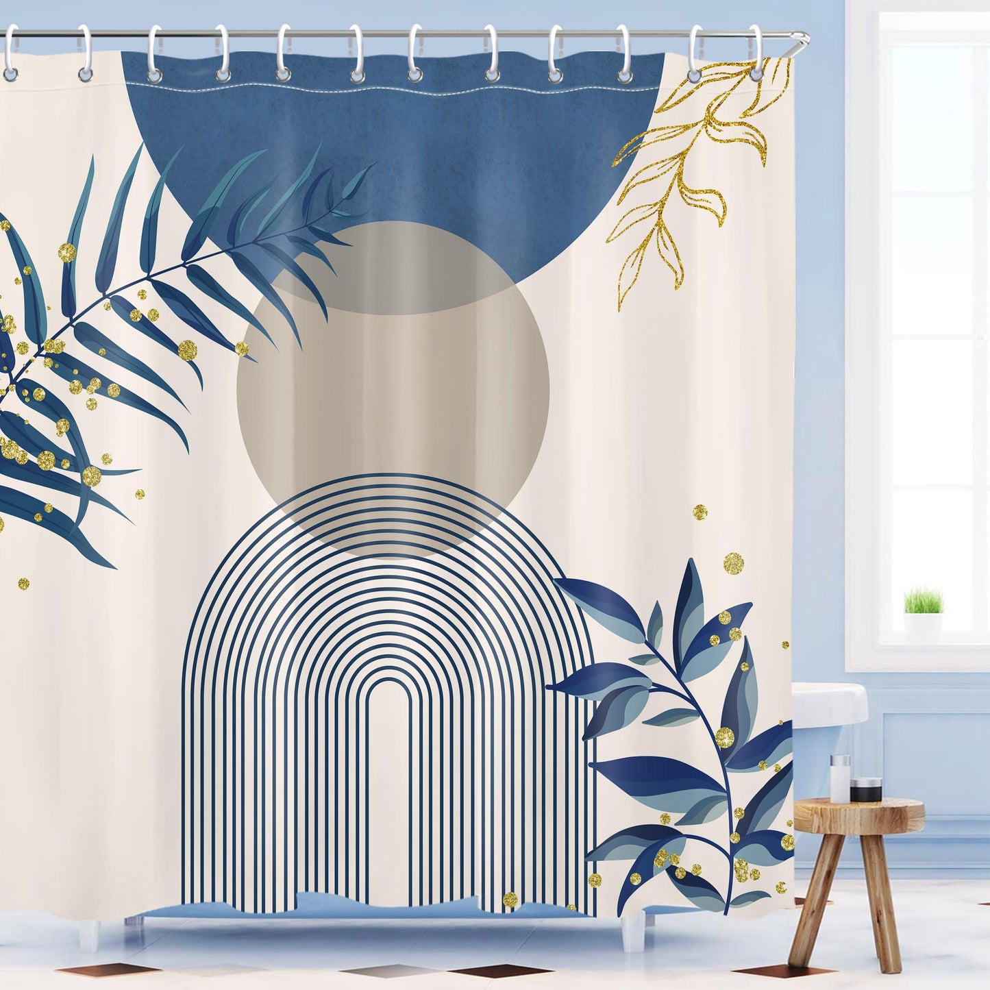 Mayormyth Boho Blue Shower Curtain Bohemian Modern Shower Curtains for Bathroom Decor Abstract Geometric Gold Plant Shower Curtain Set Polyester Waterproof Cloth Fabric with Hooks 72x72 Inches