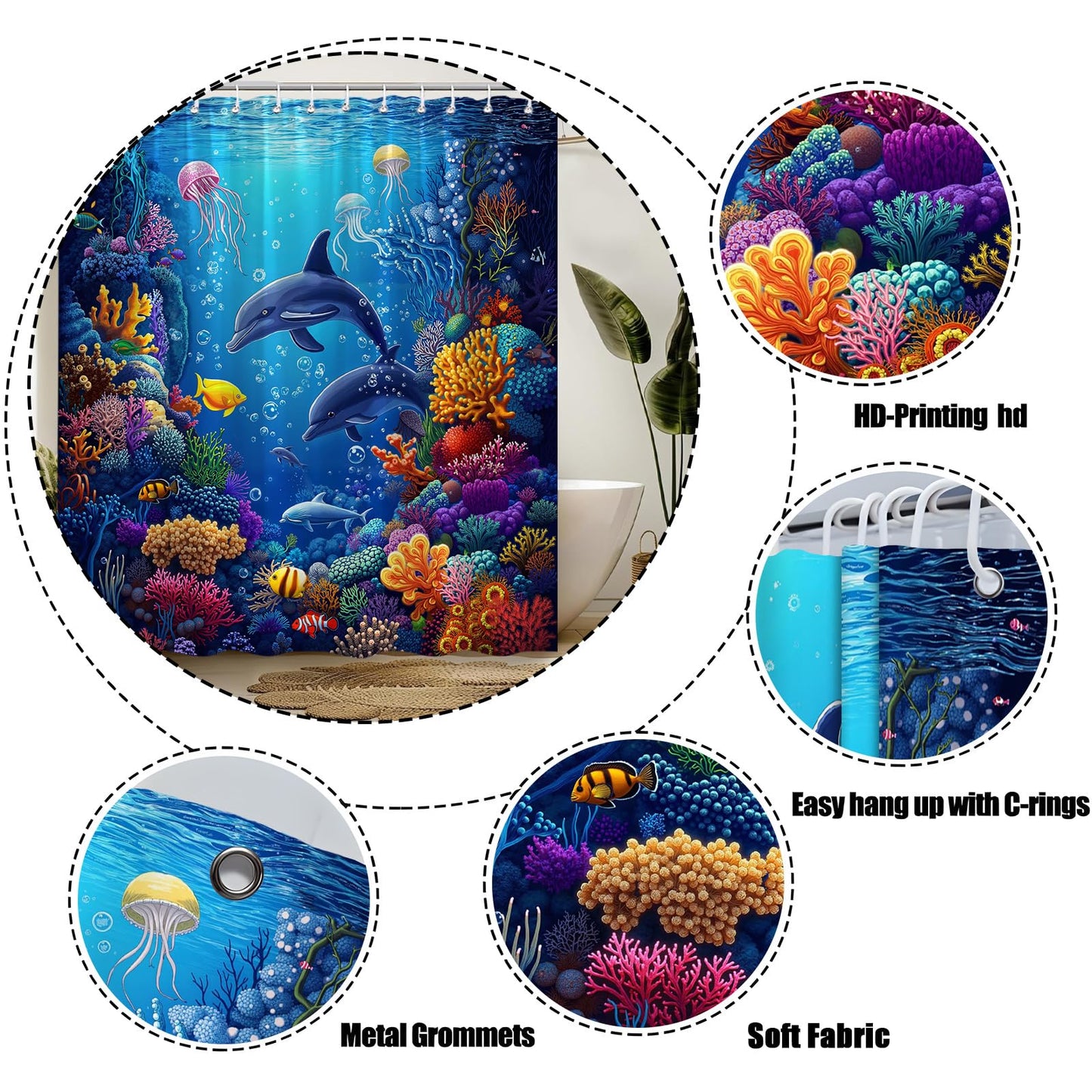 ZNLSU Underwater World Shower Curtain Blue Ocean Animal Dolphin Jellyfish Colorful Tropical Fish Sea Wildlife 70" WX70 H Bathroom Fabric Curtain with Hooks