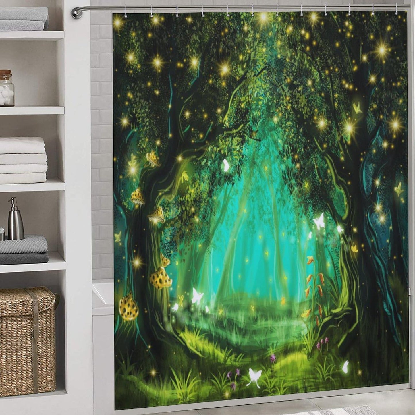 TYVGICZ Magic Forest Bath Curtains, Fantasy Nature Fantasy Sower Curtains Decor Enchanted Woods Polyester Fabric，66x72 Inch