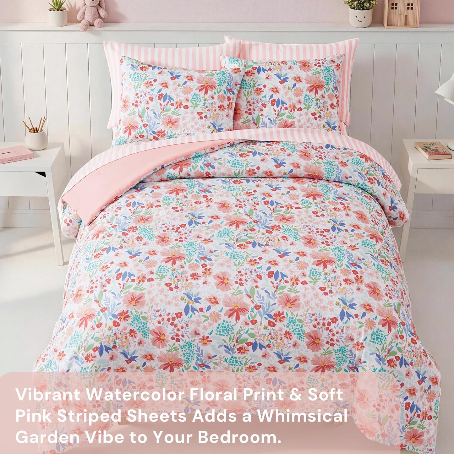 Kaleido Space Twin Comforter Set for Girls Kids - 5 Pieces Pink Flowers Patterns Twin Bedding Sets for Girls Teen, Soft Cozy Bed in a Bag with Sheets