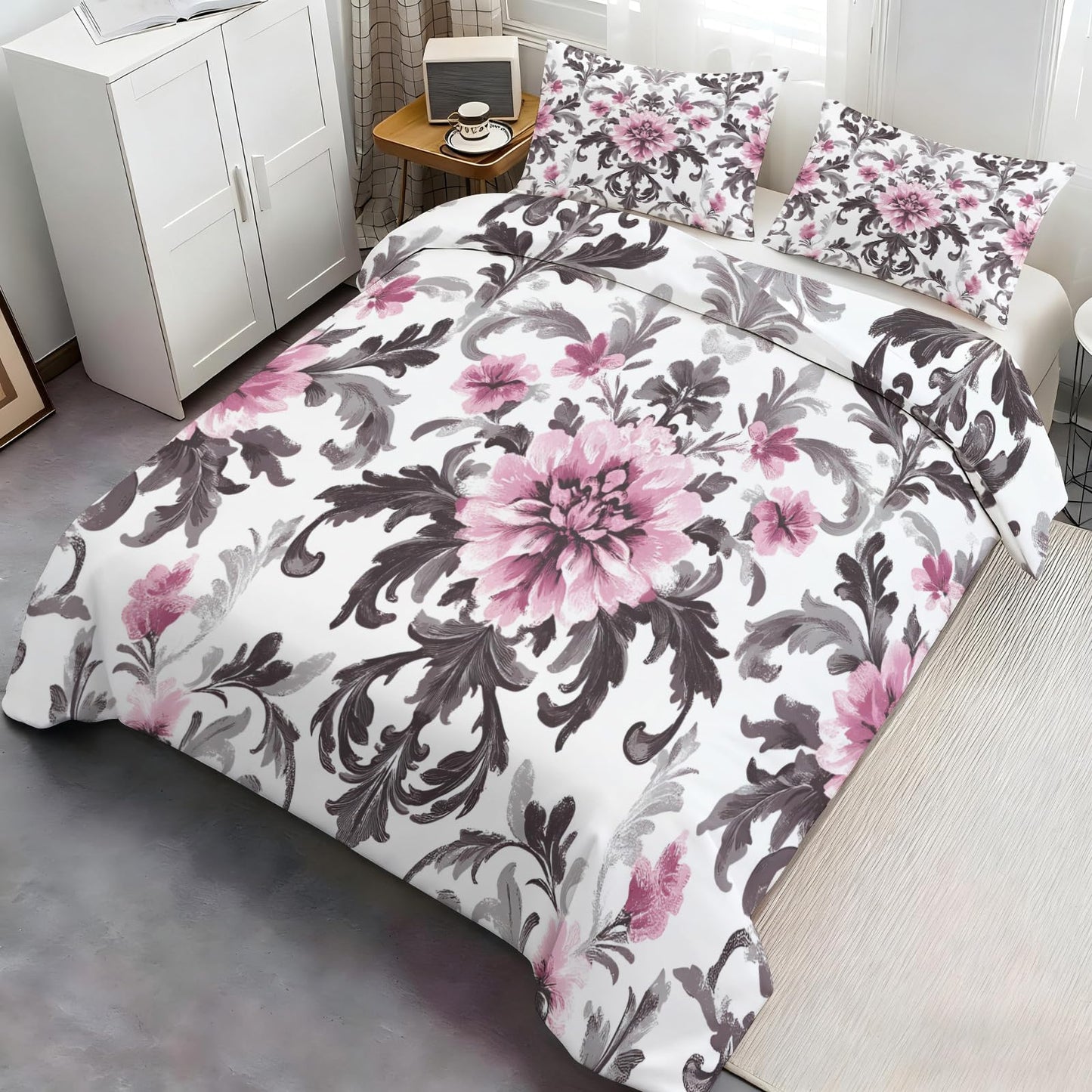 ZAMODE Vintage Floral Duvet Cover 120" x 98", Retro Pink Flower Bedding Set, Rustic Farmhouse Comforter Cover with Zipper Ties