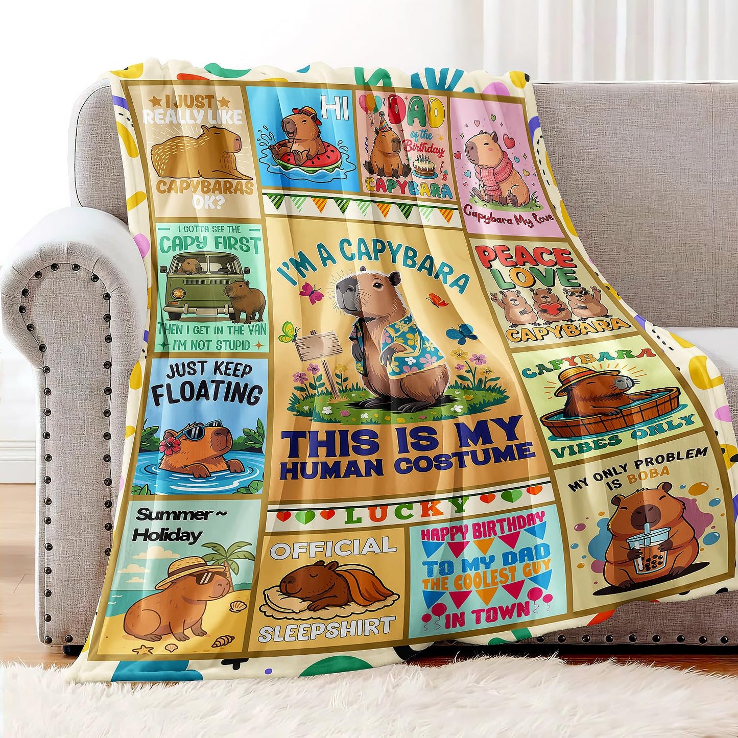 XSMEI Capybara Throw Blanket, Funny Quotes Cartoon Design, Soft Cozy Fleece Blanket for Couch Bed, 60 x 80 Inches