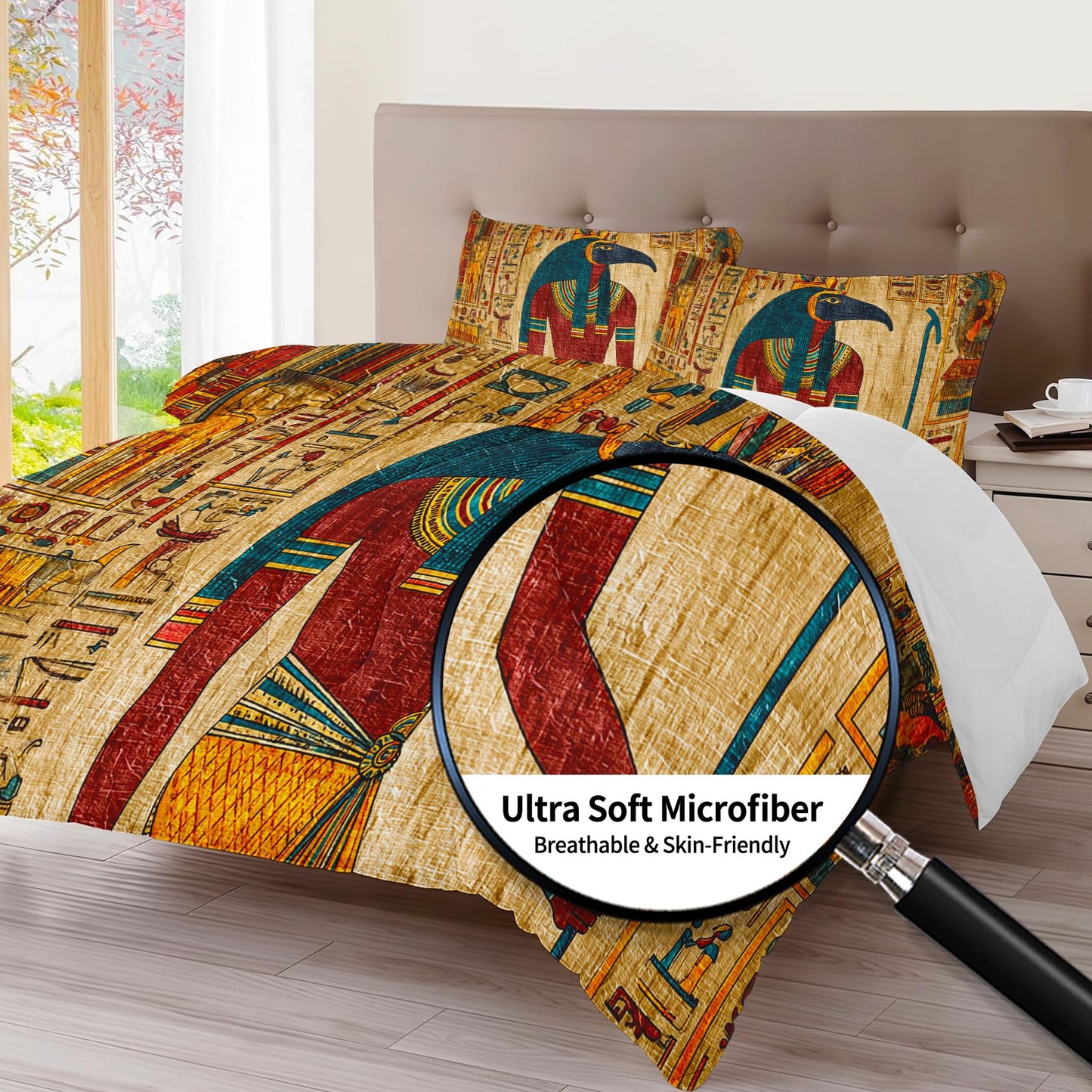 Gold Egypt Comforter Set King Size, Boho Exotic Print Bedding 3 Pieces, Soft Fluffy Lightweight Microfiber with 1 Comforter and 2 Pillow Shams for All Season, Cozy Bed Set for Bedroom