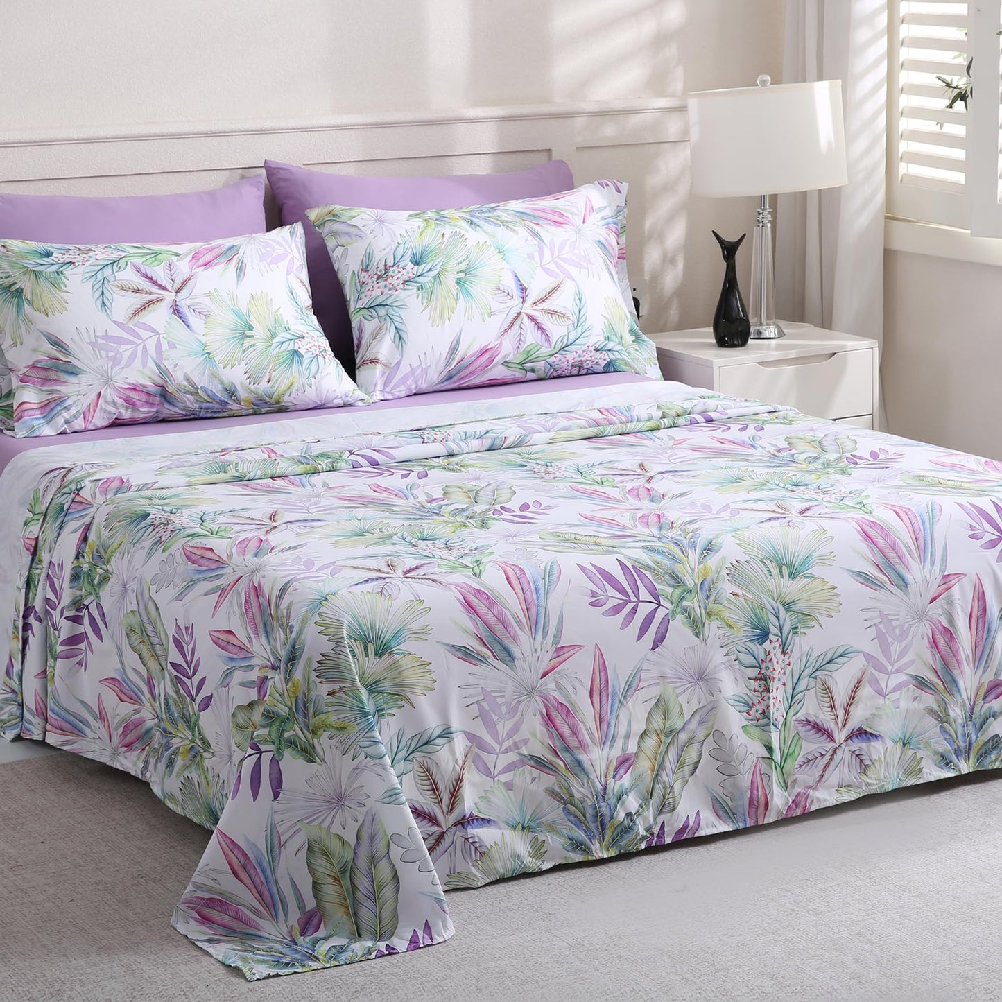 LONAVA Botaincal Queen Size 6 Pcs Sheet Set, Breathable Microfiber Deep Pocket Lavender Fitted Sheets, Comfy & Breathable Patterned Flat Sheets,4 Gentle Soft Pillowcases, Tropical