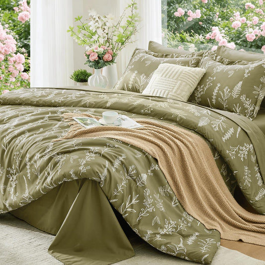 MUXHOMO Olive Green King Comforter Set, Elegant Floral Print Bed in a Bag 7 Pieces, Ultra Soft & Breathable Reversible Botanical Pattern Bedding Set with Comforter, Sheets, Pillowcases, and Shams