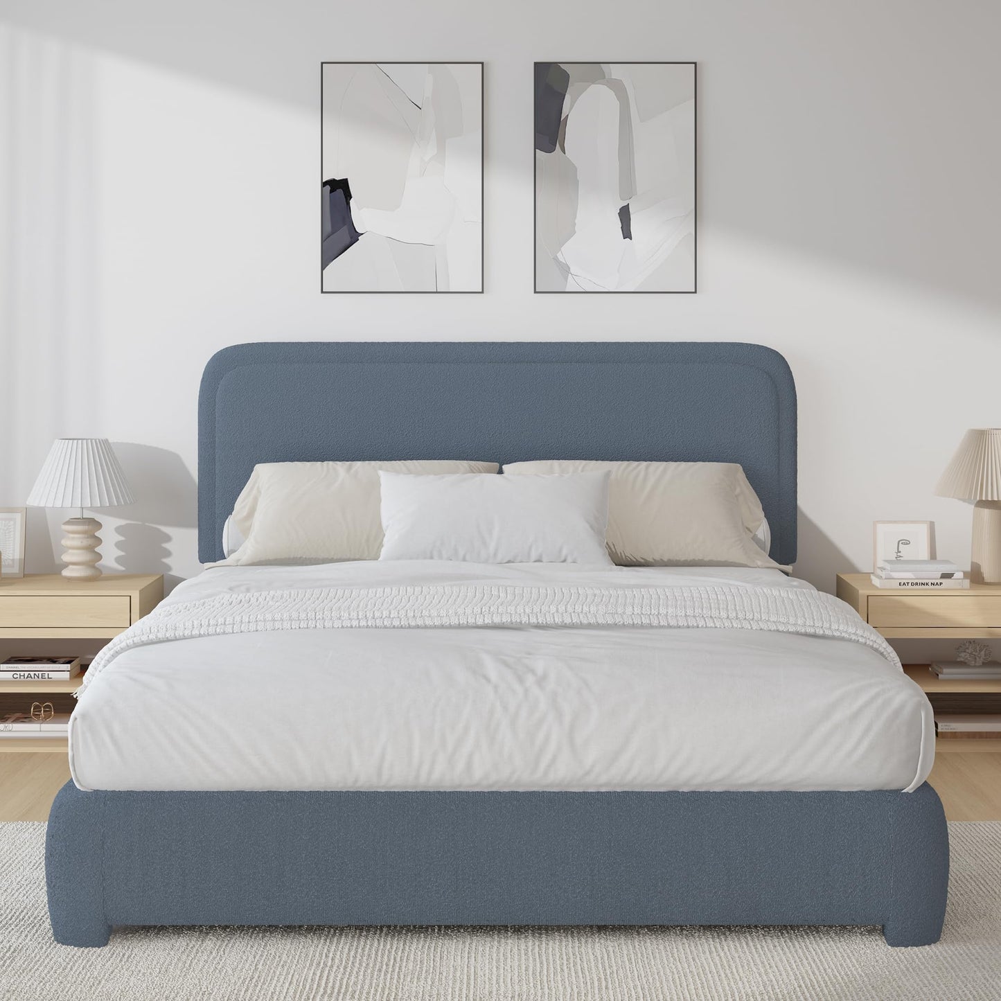 BarnFurin Full Size Bed Frame,Cloud Boucle Upholstered Platform Bed Frame with Headboard, Soft Rounded Corners, No Box Spring Required, Non-Slip and Noise-Free, Easy Assembly, Blue