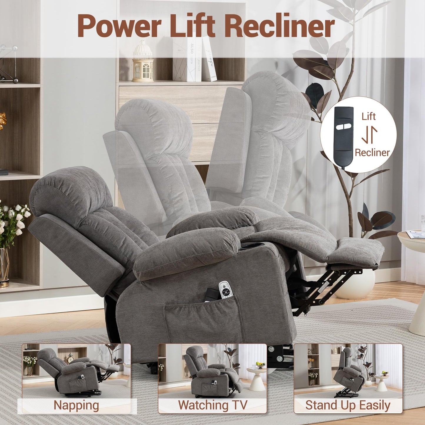 WENTUM Lift Chair for Elderly with 8 Vibration Points Massage and Heat, Power Electric Recliner Featuring Cup Holders Side Pockets & USB Charge Port for Living Room, Grey