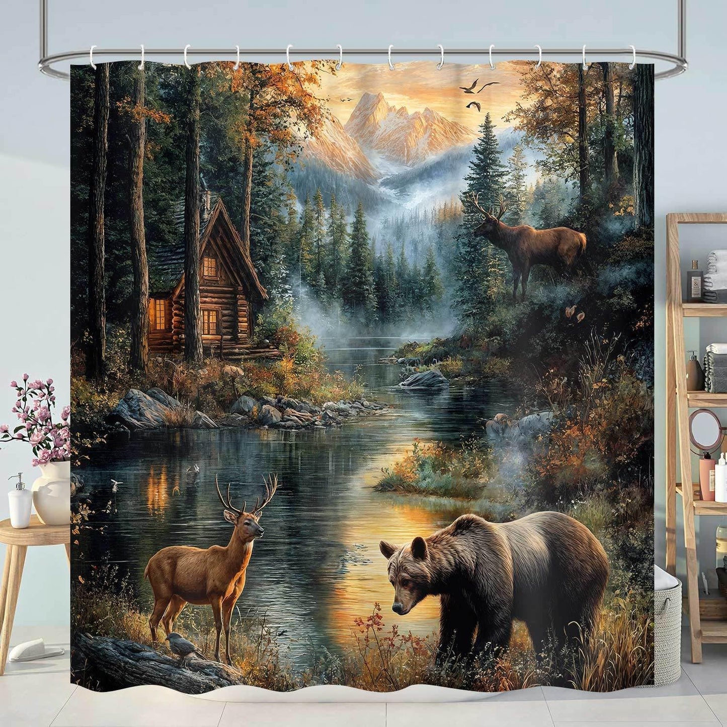 Dizifinn Rustic Shower Curain, Country Cabin Woodland Bear Moose Deer Bathroom Accessories, Farmhouse Hunting Camp Fabric Shower Curtains for Bathroom Decor, with Hooks 72x72 Inch