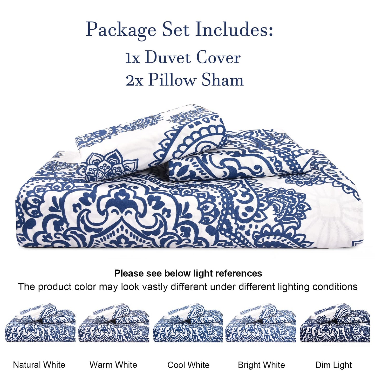 PHF Ultra Soft Paisley Duvet Cover Queen Size, Printed Bedding Set 3 Pieces, Comfy Farmhouse Pattern Duvet Cover Set with 2 Pillow Shams, Zipper Closure and 8 Ties, 90"x90", Royal Blue & White