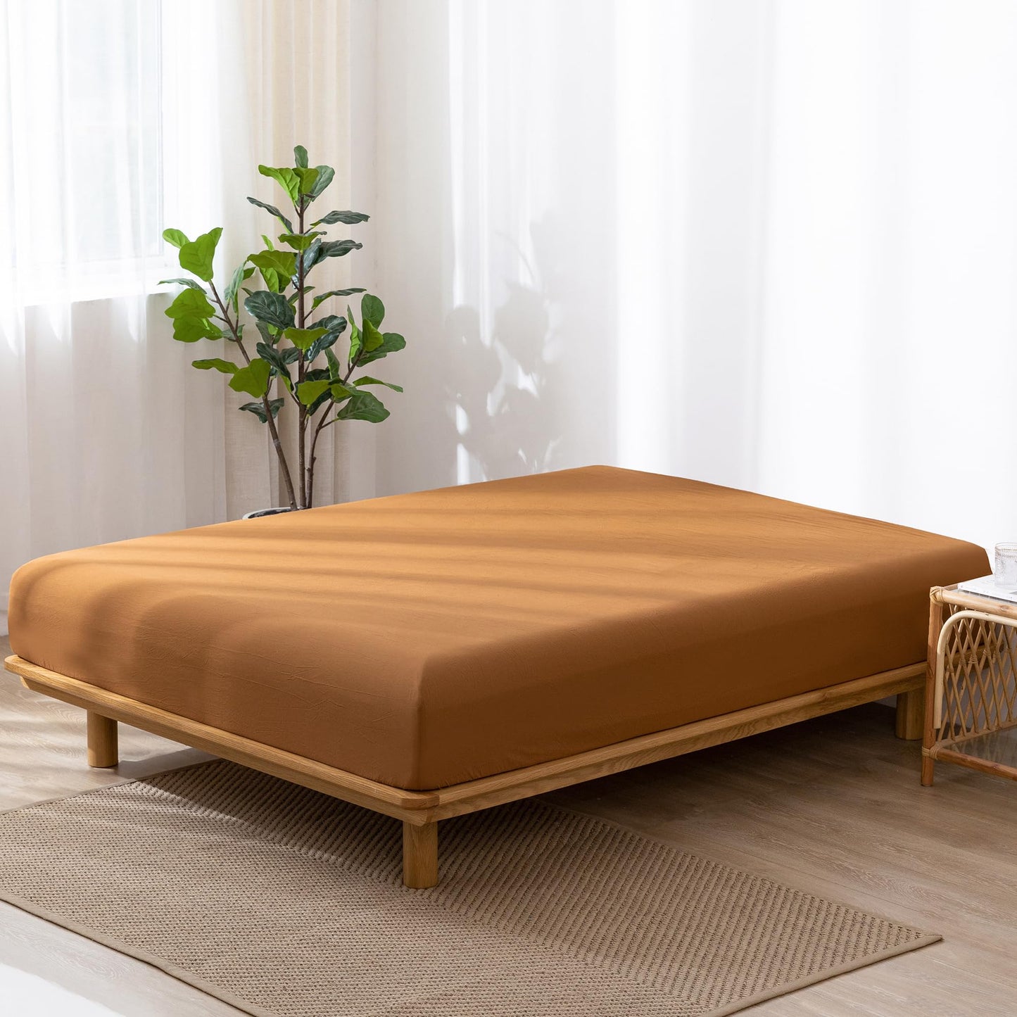 MooMee Fitted Bottom Sheet Only 100% Washed Cotton Linen Like Textured Breathable Durable Soft Comfy Deep Pocket Fits Mattress up to 17" (Dark Orange, Queen)