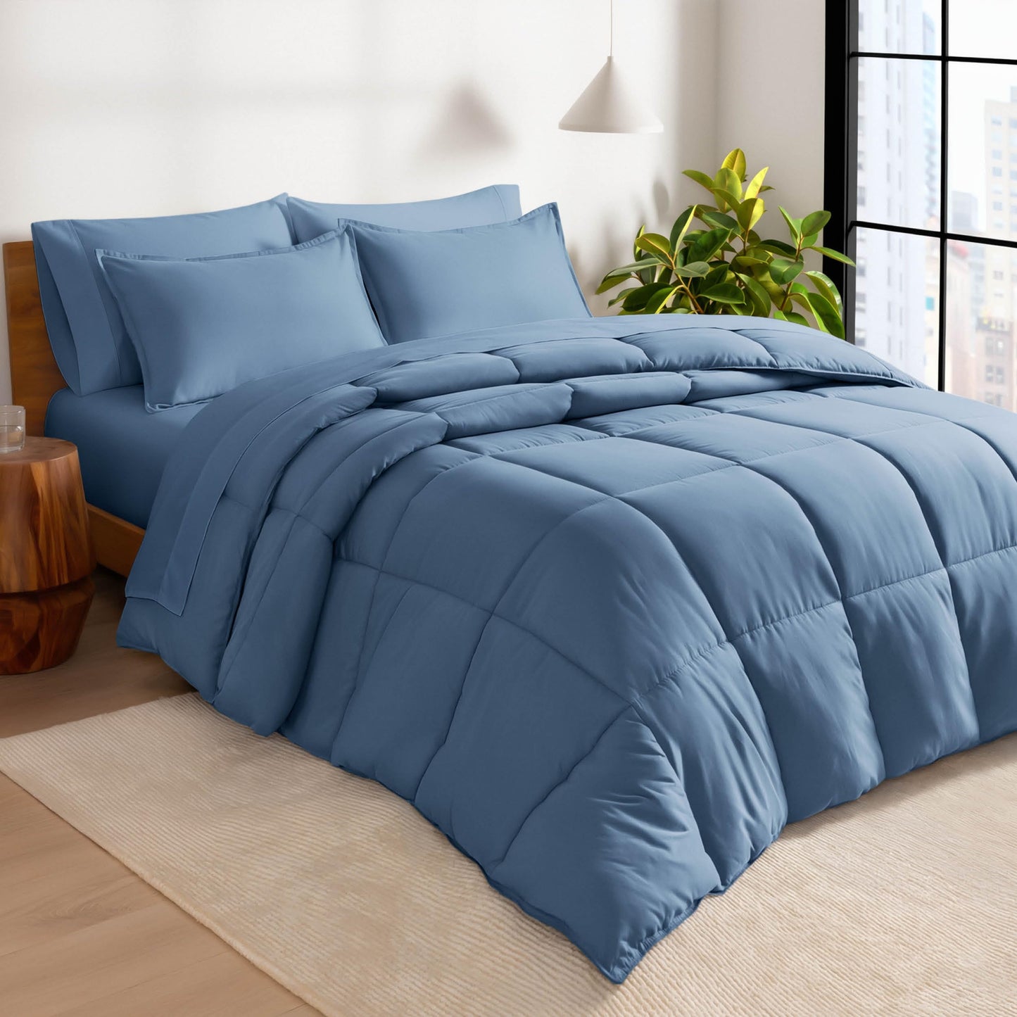 Bare Home Bed-in-A-Bag 7 Piece Comforter & Sheet Set - Queen - Goose Down Alternative - Ultra-Soft 1800 Premium - Bedding Set (Queen, Coronet Blue/Coronet Blue)