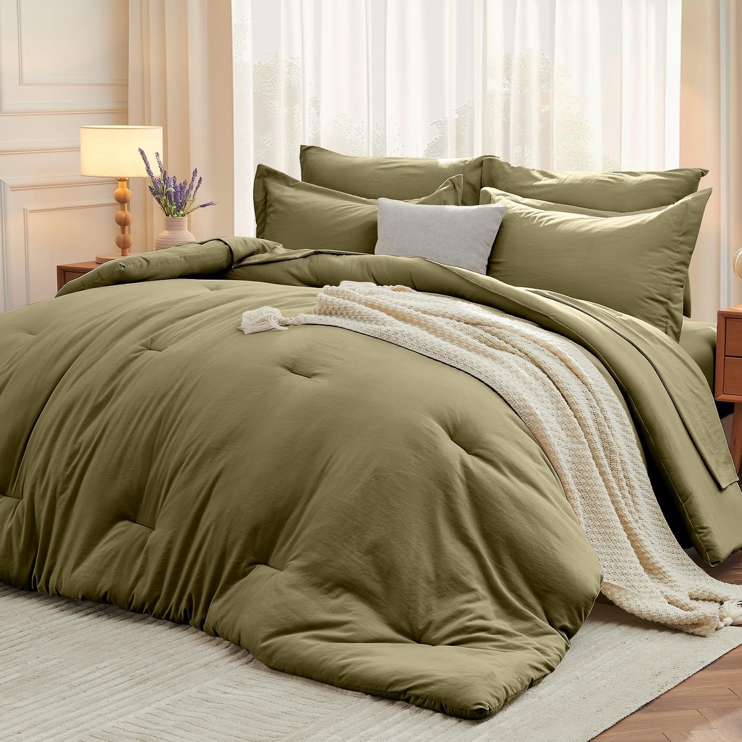 MUXHOMO 7 Pieces King Comforter Set, Soft Bed in a Bag King Size, All Season Bedding Set with Comforter, Flat Sheet, Fitted Sheet, Pillowcases & Shams, Olive Green