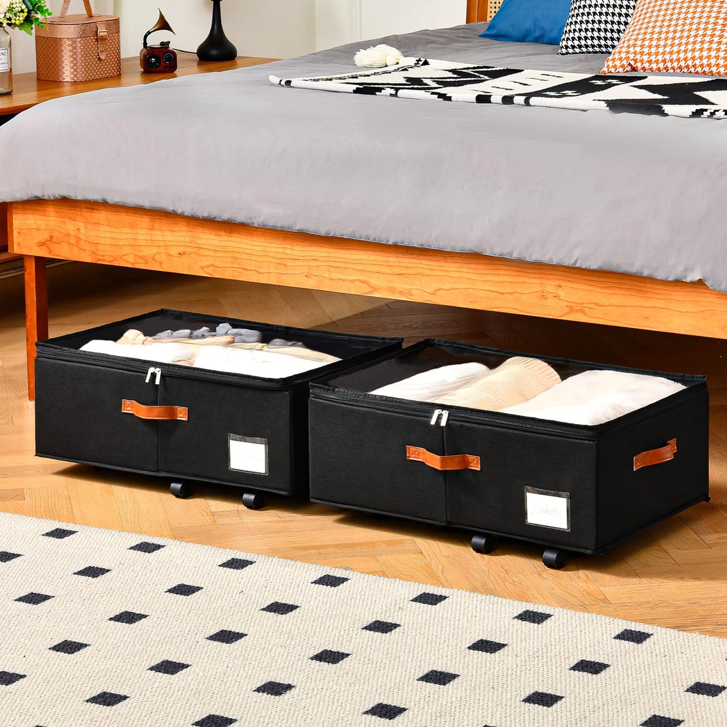 Freebat Under Bed Storage Organizer with Wheels 2 Pack, 10 inches Height Underbed Container with Clear Lid Cover, Storage Bag Box with Visiable Window for Clothes, Bedsheet, Pillow