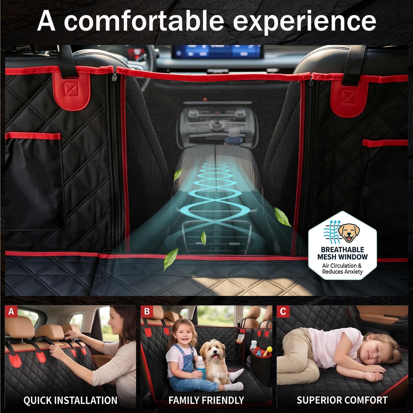 Dog Car Seat Cover for Back Seat with Soft Blankets, New Upgraded Waterproof Dog Hammock with Mesh Window, Wear-Resistant Hard Bottom Back Seat Holds 500 lbs, 66"x60"Size Fits Cars, Trucks, SUVs
