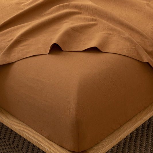 MooMee Fitted Bottom Sheet Only 100% Washed Cotton Linen Like Textured Breathable Durable Soft Comfy Deep Pocket Fits Mattress up to 17" (Dark Orange, Queen)
