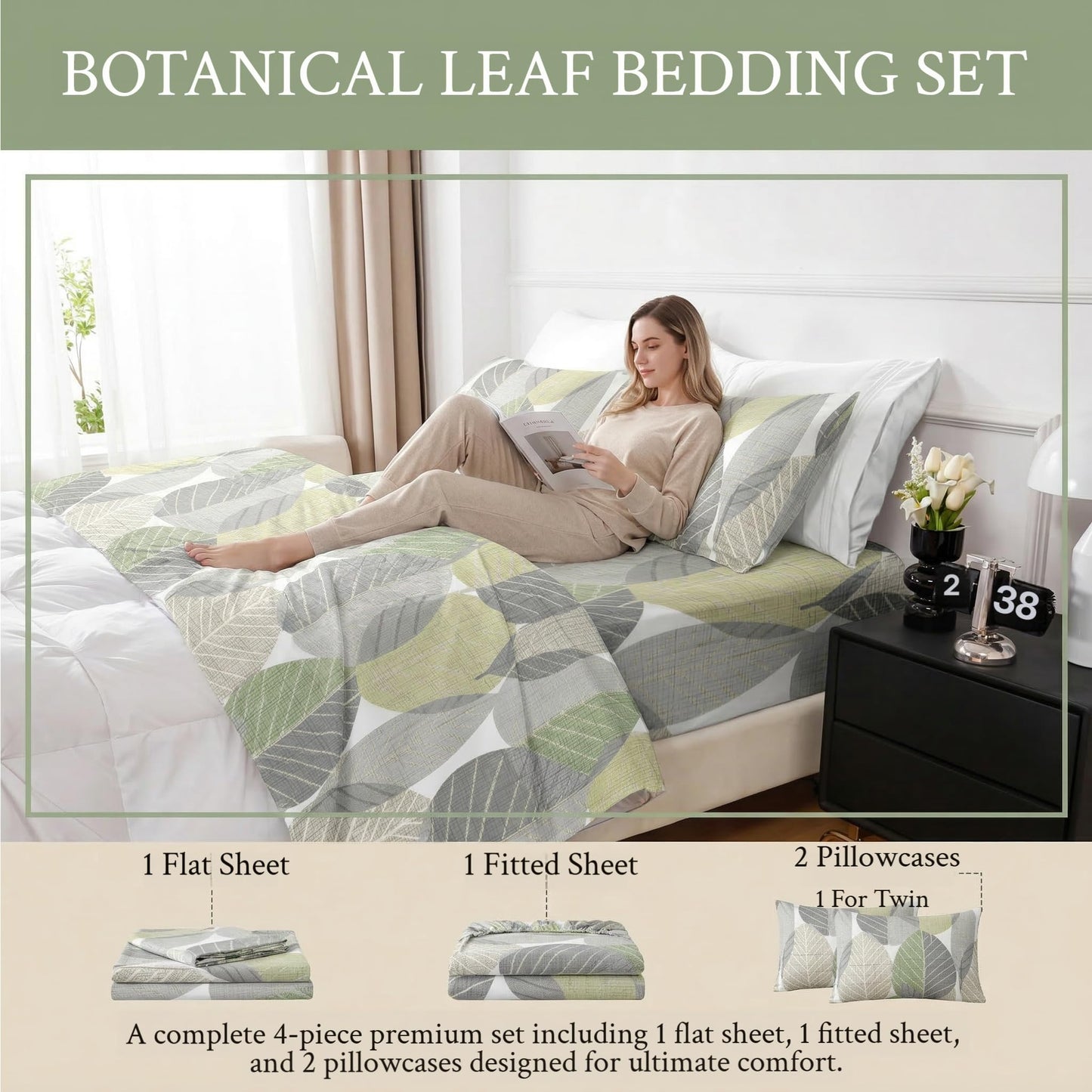 HCORA Leaf Print King Sheet Set, Ultra Soft Double Brushed Microfiber Bed Sheets, Deep Pocket, Breathable, Wrinkle Resistant, Easy Care, 4PC, King