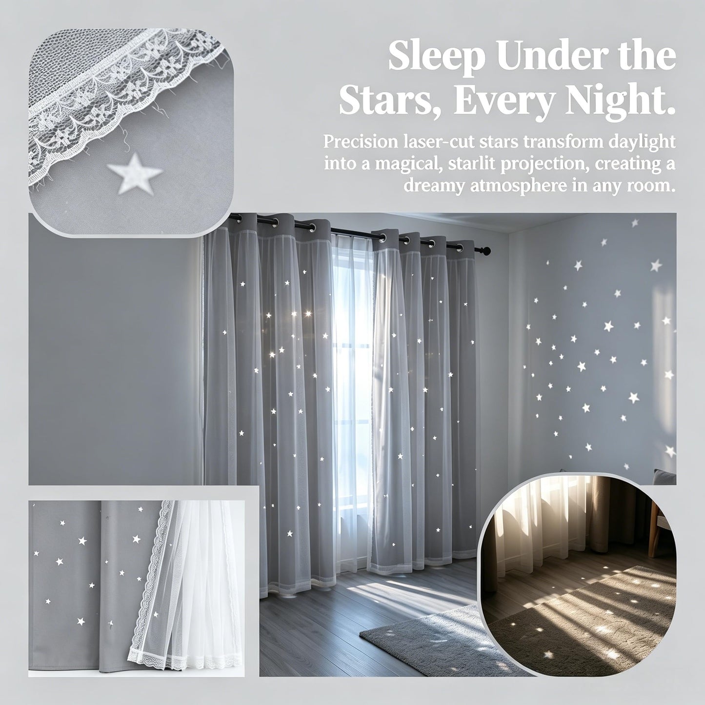 Kinryb 63" Long Star Cut-Out Blackout Curtains 2 Layer Thermal Insulated Overlay Kids Curtains Noise Reducing Drape for Living Room/Bedroom 42" W x 63" L Silver Grey 2 Panels