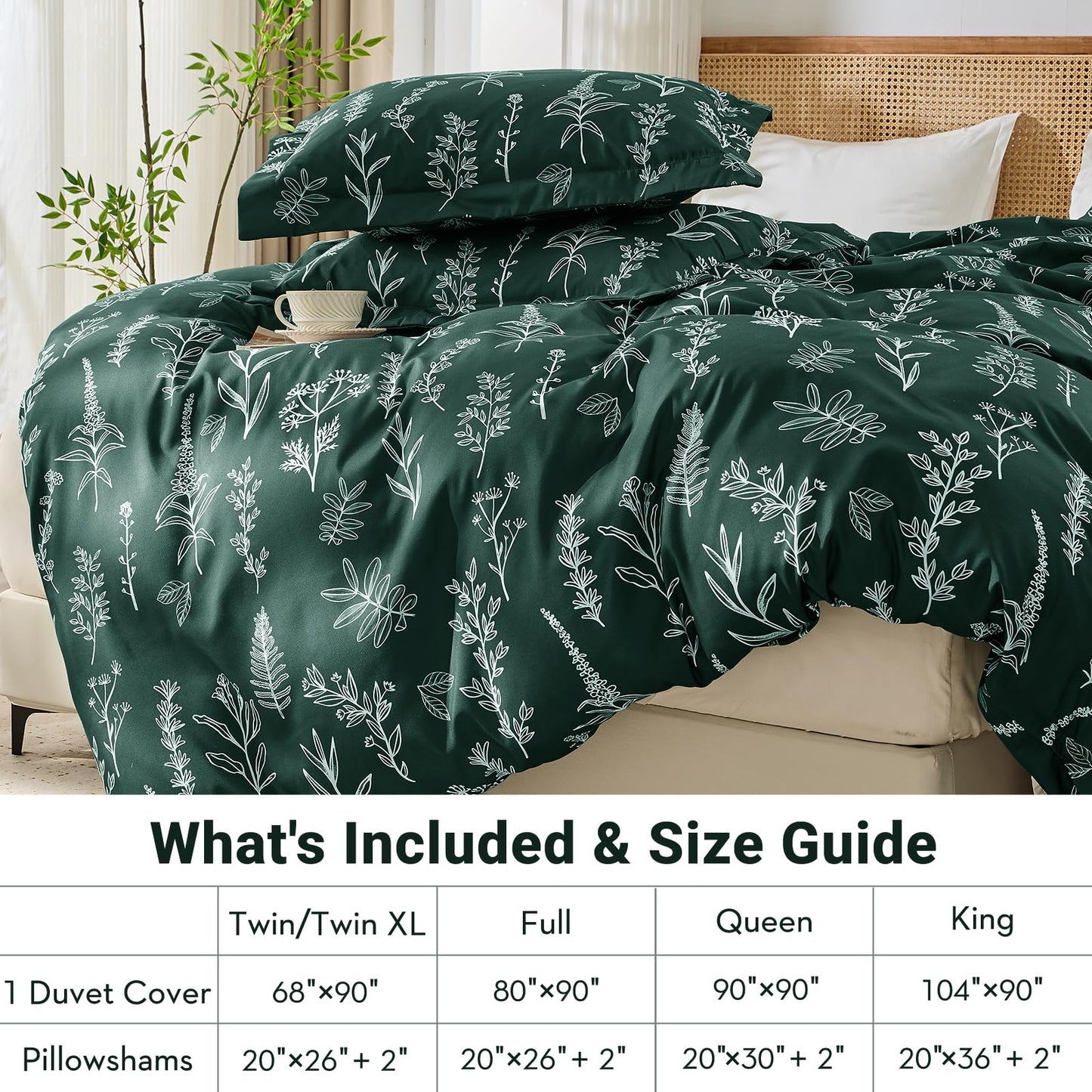 MUXHOMO Duvet Cover Queen Size, Reversible Floral Forest Green Duvet Cover Set with Zipper Closure, 3 Pieces Botanical Patterns Soft Microfiber Bedding Set with 4 Ties (90"x90", 2 Pillow Cases)