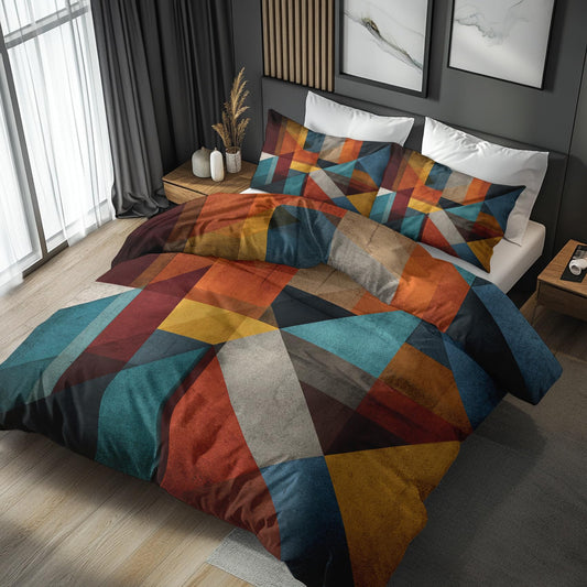 Patchwork Geometric Queen Duvet Cover Set 3 Piece, Retro Abstract Art Reversible Bedding with 2 Pillow Shams, Zipper & Ties, Ultra Soft Microfiber, Geometric Bedroom Decorations 60A-T