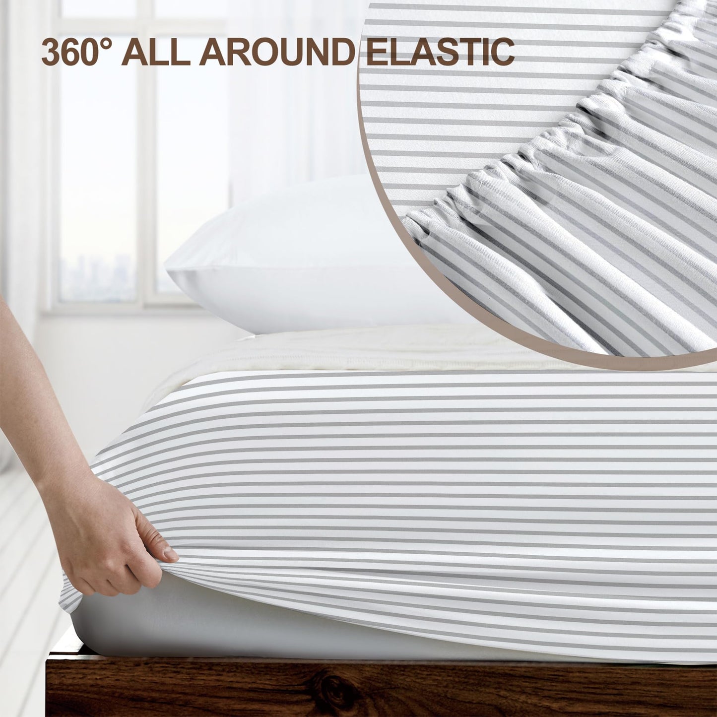 FreshCulture Queen Fitted Sheet - Hotel Quality, Ultra Soft & Breathable Brushed Microfiber, Deep Pocket, Cooling Fitted Sheets for Queen Size Bed (Stripe Grey)
