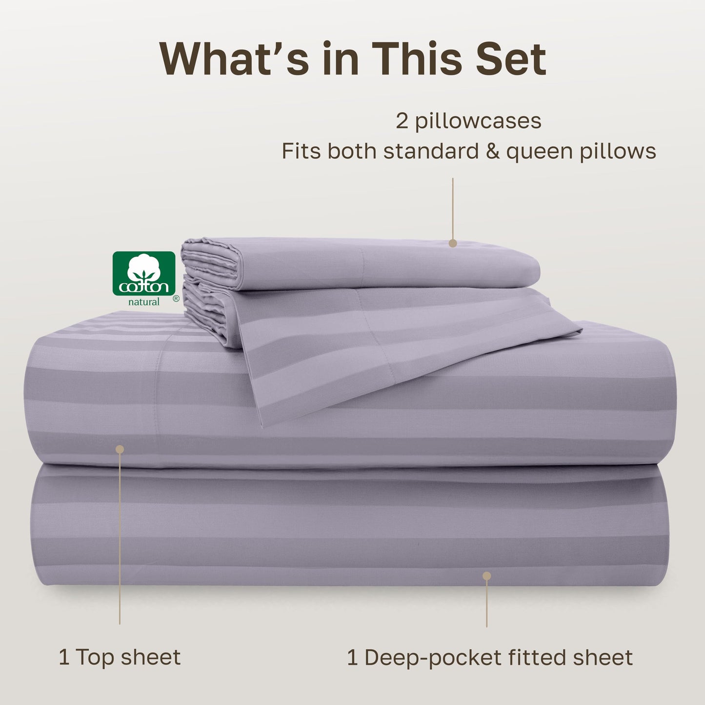 California Design Den - Deep Pocket Queen Sheet Sets, Soft 100% Cotton Sheets with Snug Fit Elastic, 500 Thread Count Sateen, Damask Stripe Bedding for Home (Stripe - Lavender)