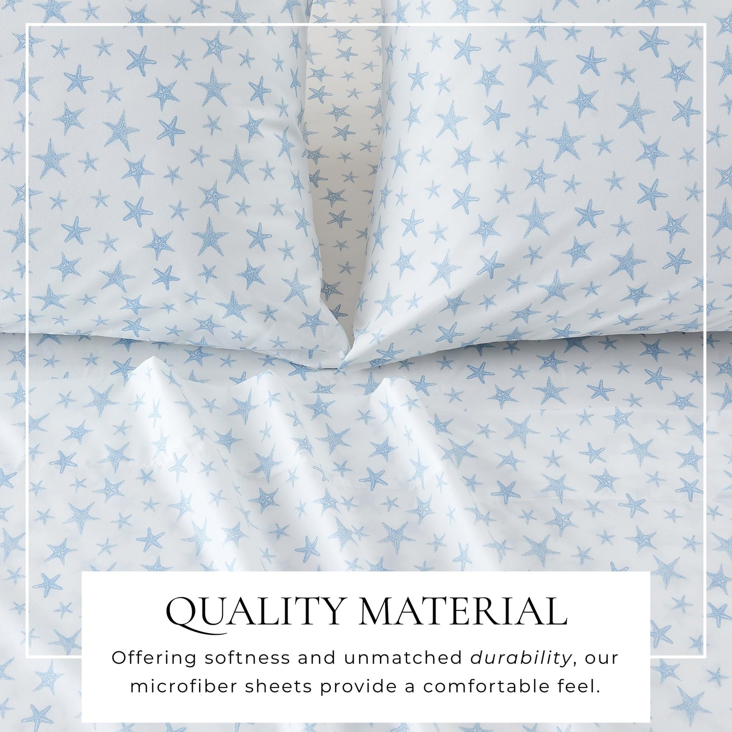 Great Bay Home Twin Coastal Microfiber Sheet Set - 3-Piece Nautical-Printed, Ultra-Soft Sheets - Beach-Themed Bedding Sheets & Pillowcases (Starfish - Blue)