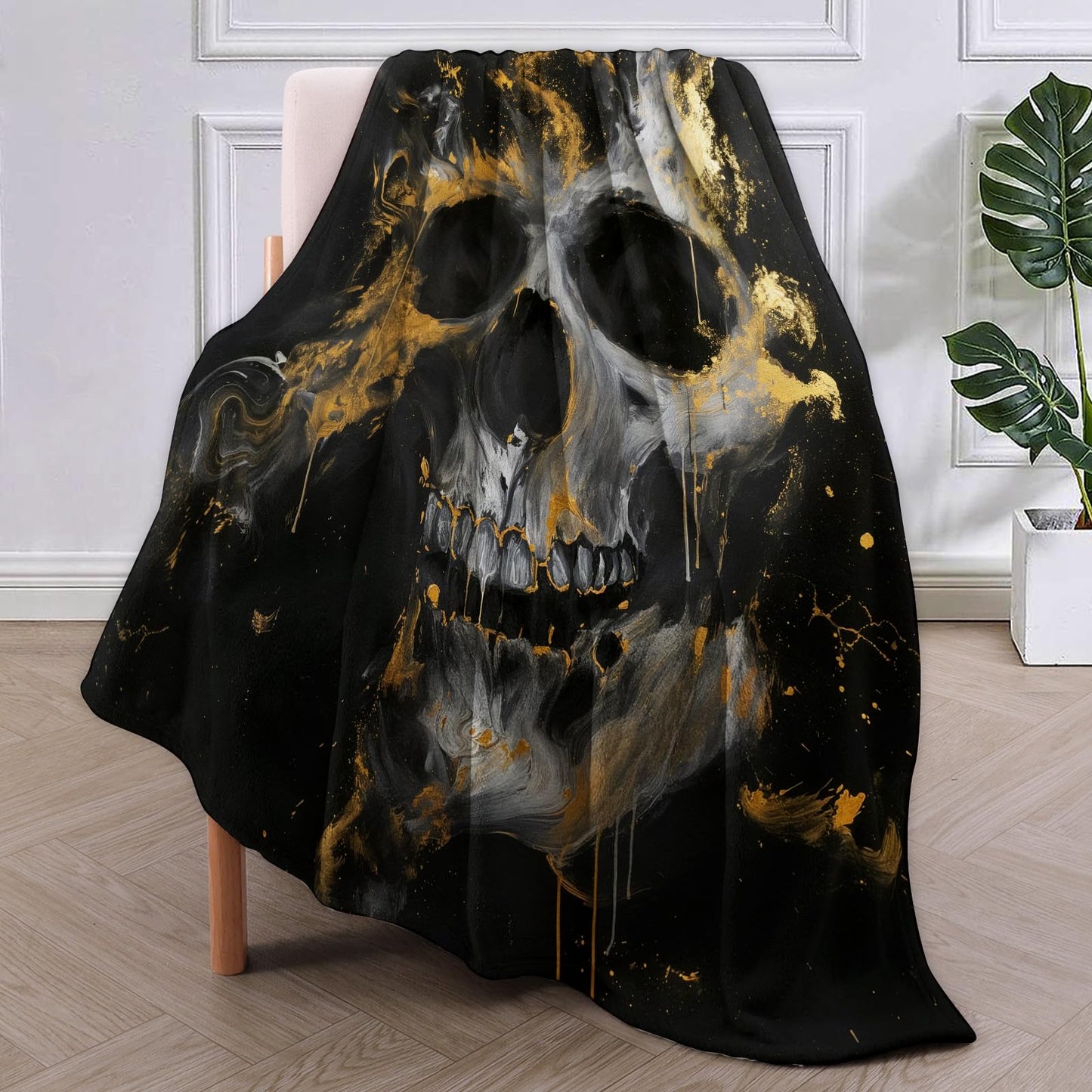 Abstract Skull Blanket Gifts for Adults Kids Women Soft Warm Lightweight Cozy Flannel Black Gold and White Skull Throw Blankets for Bed Sofa Couch Living Room Birthday Decor 50x60in