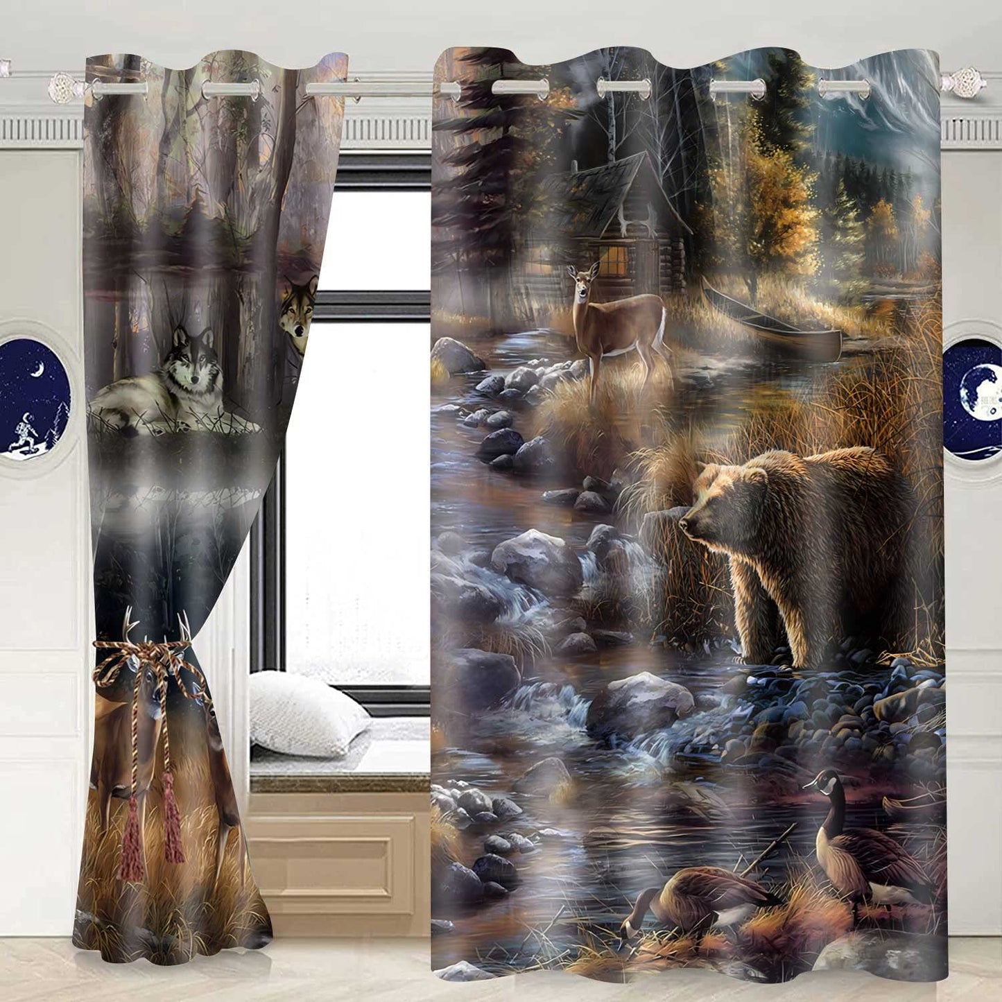 MIZSYE Rustic Lodge Curtains Wildlife Wolf Bear Elk Duck Country Style Blackout Curtain Forest River Nature Landscape Zoo Window Treatments for Bedroom Living Room 2 Panel 42x84inch CLDWMS0235