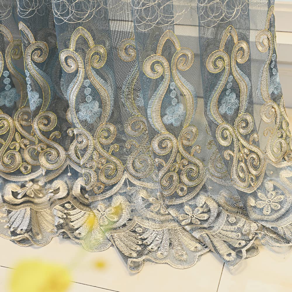 Amidoudou 1 Pair European Jacquard Sheer Curtains Embroidered Tulle Curtains Living Room Bedroom Luxury Translucent Curtains (Blue Grey,51x96 Inch)