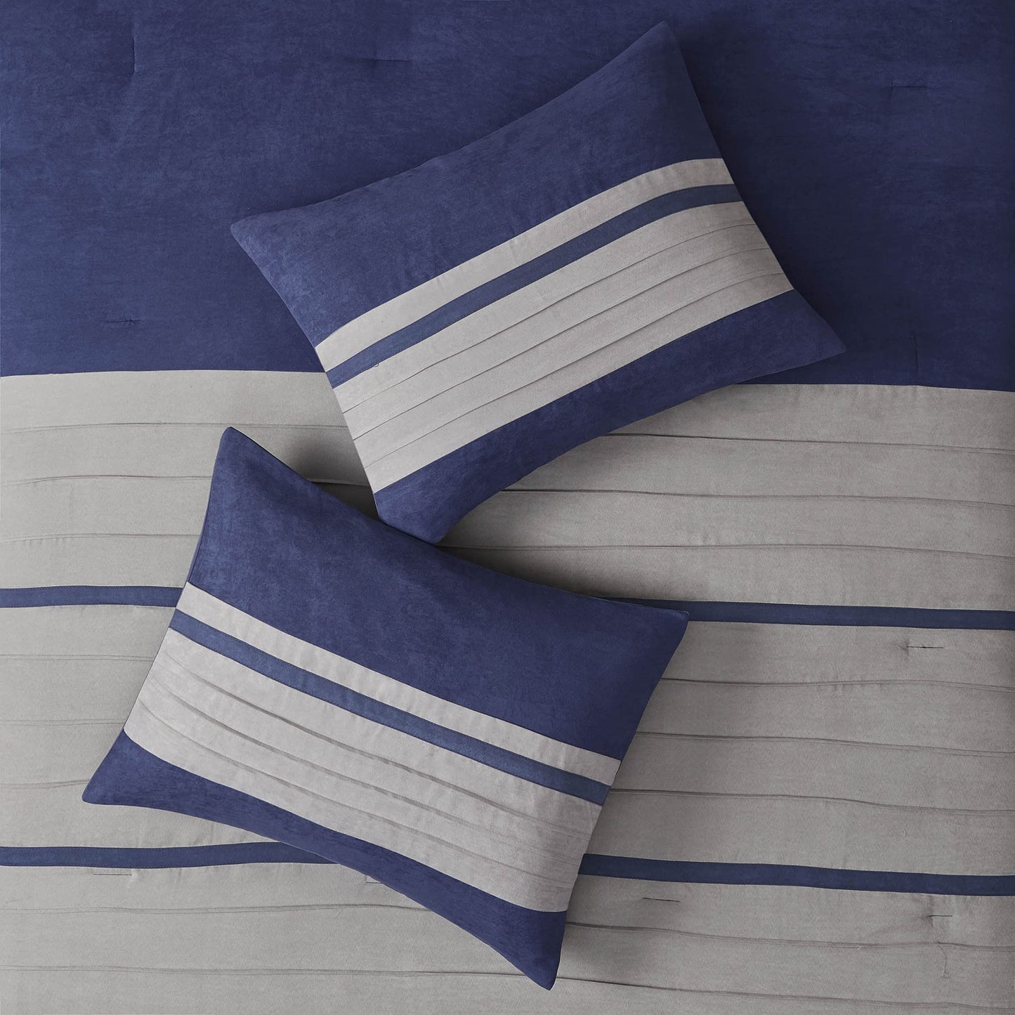 Madison Park Palmer Comforter Set-Luxury Faux Suede Design, Striped Accent, All Season Down Alternative Bedding, Matching Shams, Decorative Pillow, Bed Skirt, Queen (90 in x 90 in), Blue 7 Piece