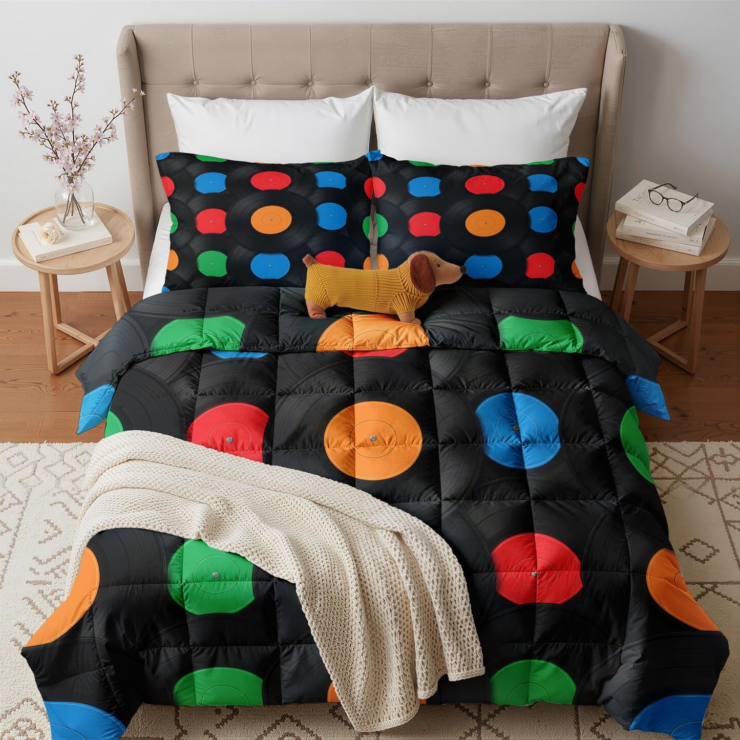 Vinyl Record Comforter Twin Size - 2 Pcs Bed Set, All Season Duvet Insert & Pillowcase, Music Bedding Set, Soft Lightweight Down Alternative Comforter, Music Bedroom Decor