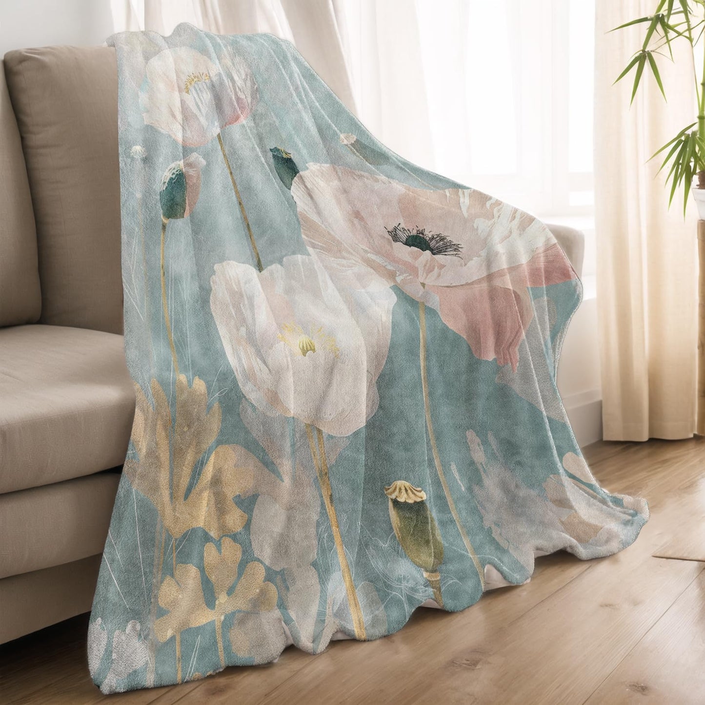 qxfqxf Elegant Pastel Floral Blanket Lightweight Blankets Gifts for Women Flannel Throw with White and Pink Flower Printed for Sofa, Bed, Travel, Picnic, Camping, Office, Decor Throws 60x50 Inch