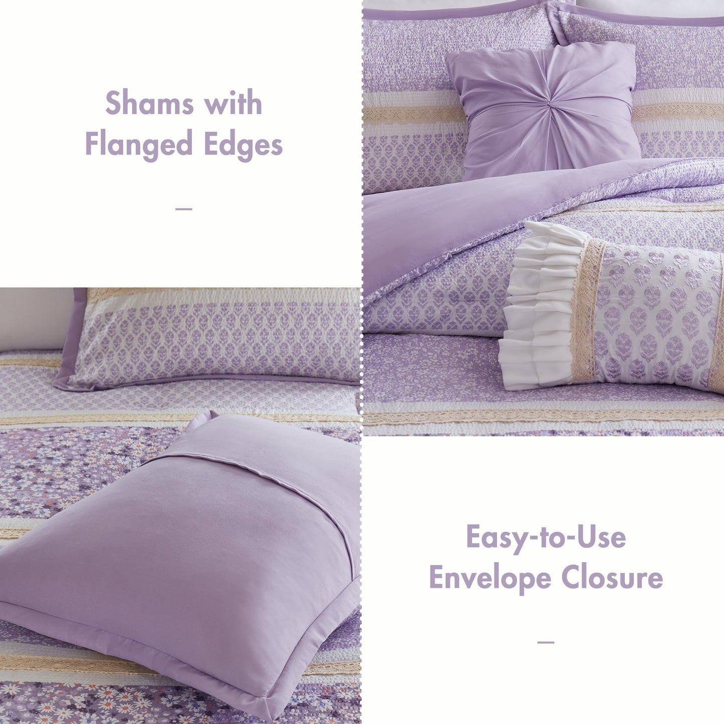 Madison Park Comforter Set, Seersucker Floral King Size Comforter Sets, Microfiber Comforters, All Season Lightweight Comforter, Throw Pillows, Caralie, King/Cal King Purple 5 Piece