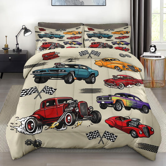 Pamnest Car Comforter Set Twin Size, Boys Vintage Truck 2 Pcs Bedding for Kids and Adults, Classic Race Cars Comforter Set with Pillowcase, for Bedroom Bed Decor