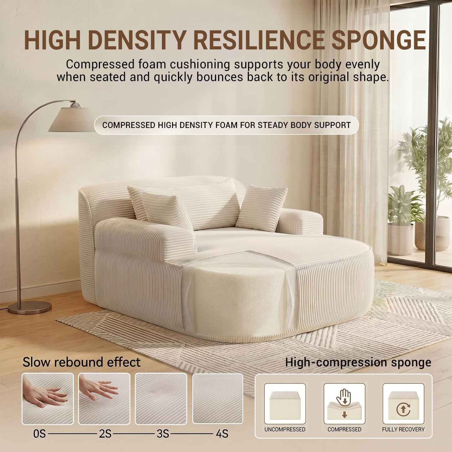 RJFFDDGZ Boneless Chaise Lounge Chair Indoor, Oversized Corduroy Foam Lounger with 3 Pillows, White