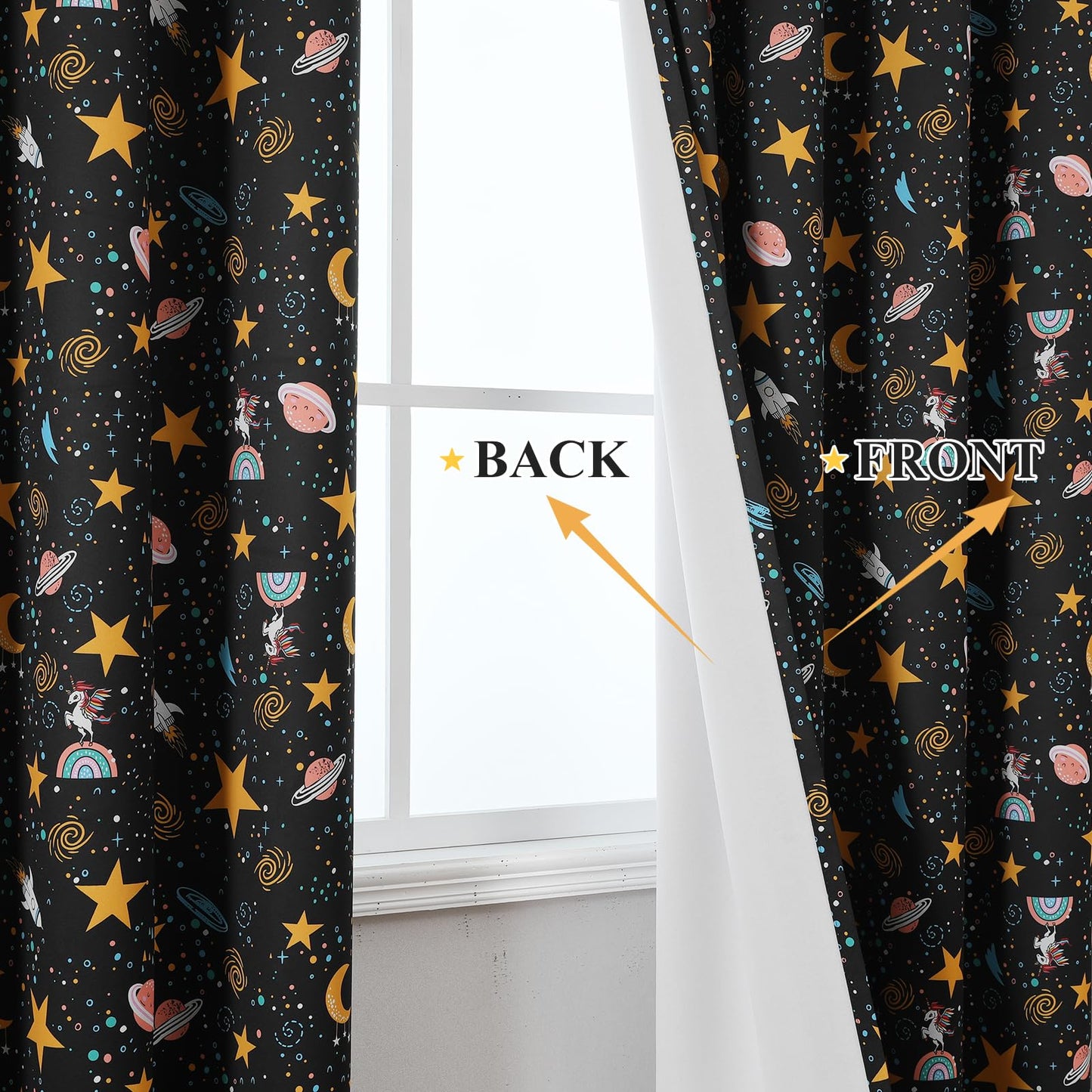 Estelar Textiler Unicorn Planet Printed Black Blackout Curtains 63 Inch Long for Nursery, Thermal Insulated Room Darkening Star and Moon Grommet Window Drapes for Kids Bedroom(38"W x 63"L, 2 Panels)