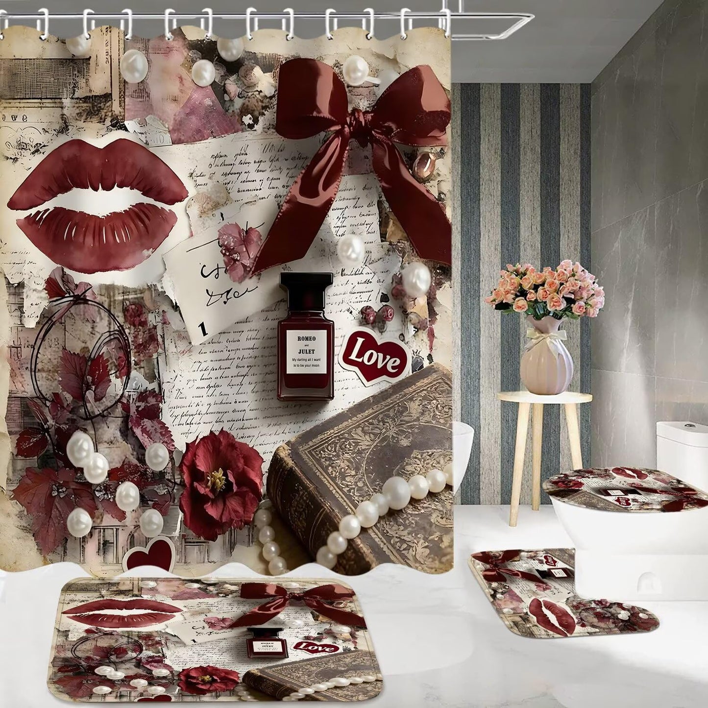 DDQQ 4Pcs Sexy Lip Shower Curtain Set Women Pearl Bow Bathroom Decor Set, Fashion Red Flower Perfume Bathroom Curtains Shower Set with Rugs, Girly Shower Curtain with 12 Hooks