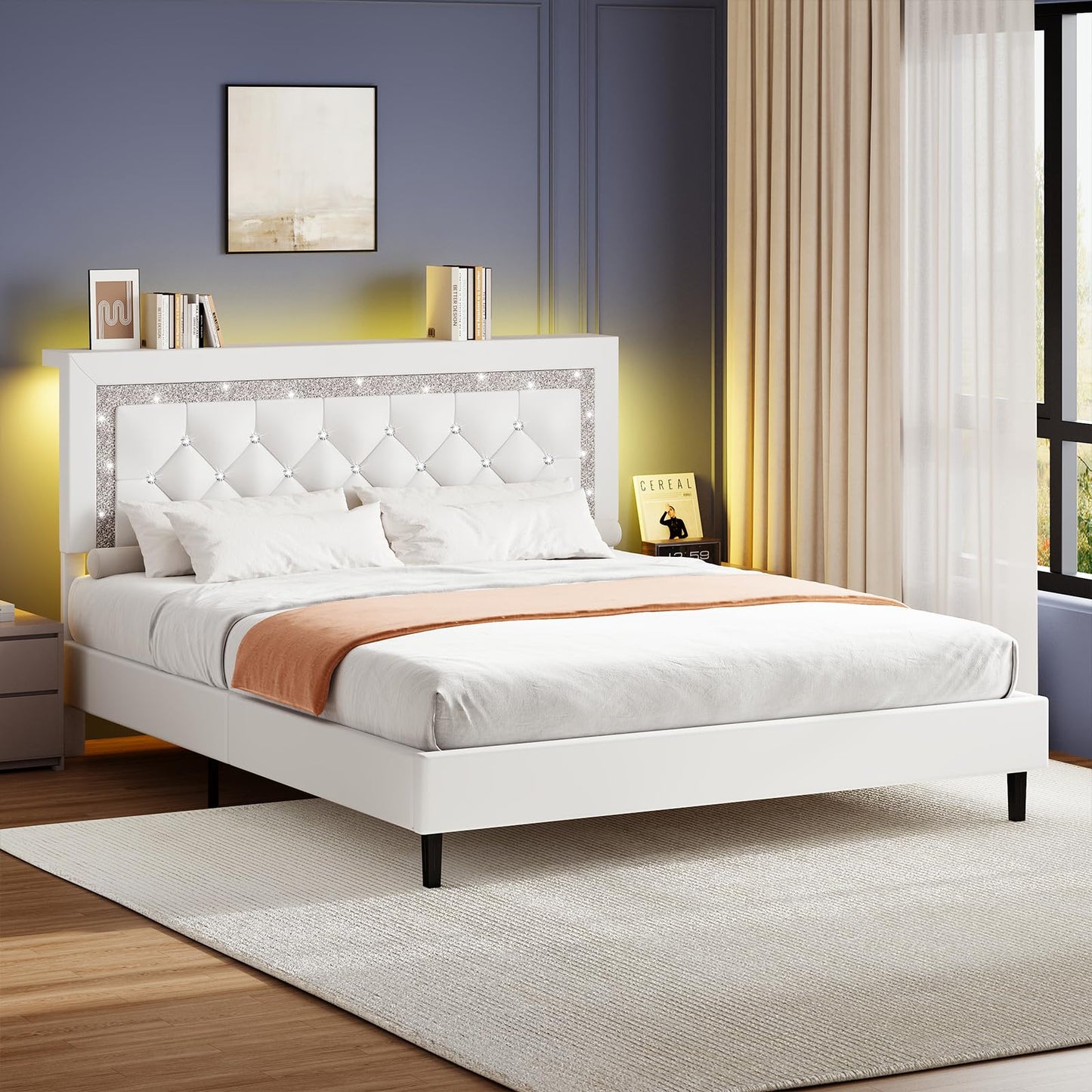 BarnFurin Queen Bed Frame with Storage Headboard, Bed Frame Queen Size with Diamond Tufted Headboard and LED Lights, Wooden Slats Support, Noise Free, No Box Spring Needed, Easy Assembly, White