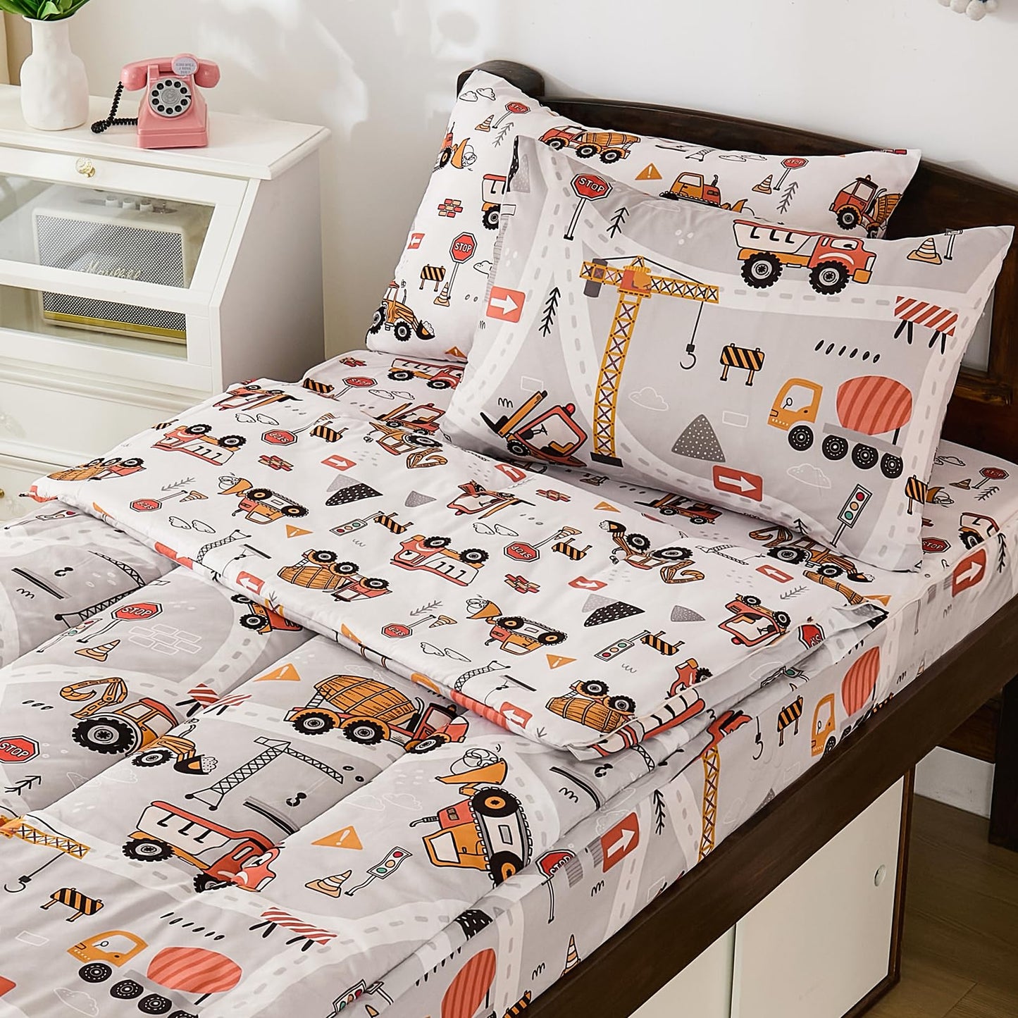 DJY Zipper Bedding Set Twin, Cars Bedding Sets for Boys, Kids Construction Comforter Set with Fitted Sheet Pillowcases, All in One Zipper Bed Set for All Seasons