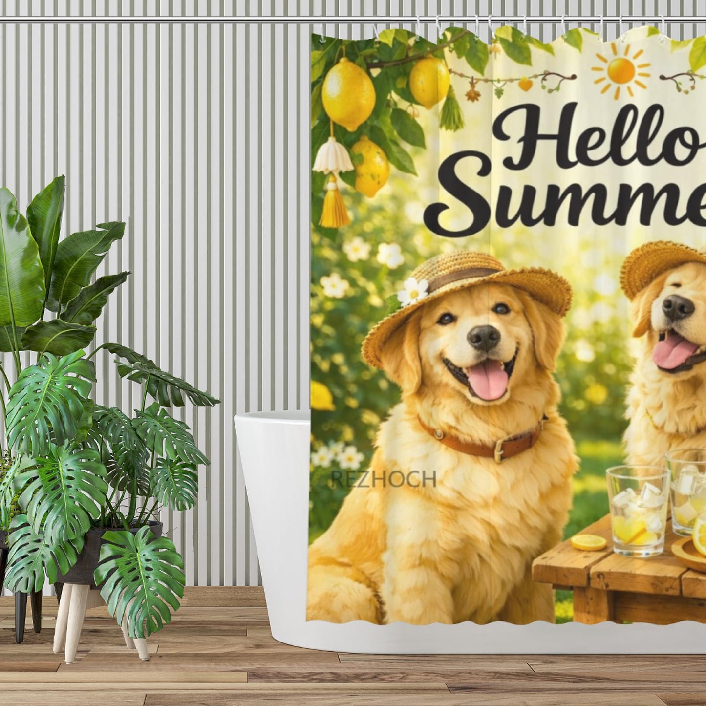 REZHOCH Summer Lemon Fun Golden Retriever Dog Shower Curtain 72x72Inch,Cute Animal Boho Home Bathroom Decor,Yellow Green Farmhouse Woodland Kid Adult Waterproof Fabric Bath Set with Hooks
